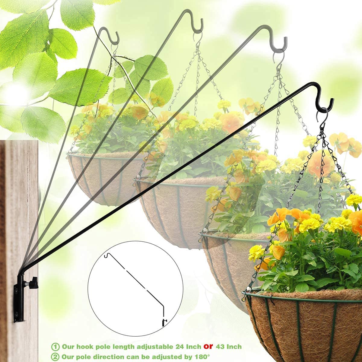 Heavy Duty Extended Reach Wall Mounted Deck Hook Wall Pole, Wall Bracket Direction and Length Adjustable Plant Bracket for Bird Feeders, Planters, Suet Baskets, Lanterns, Wind Chimes and More,Black