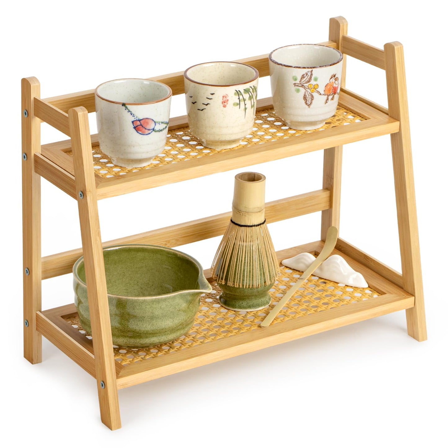 ANBOXIT Rattan-Look Matcha Station Organizer, Countertop Bamboo Tea & Coffee Accessories Station Organizer, 2 Tier Mug Holder Display Stand for Kitchen, Home, Office