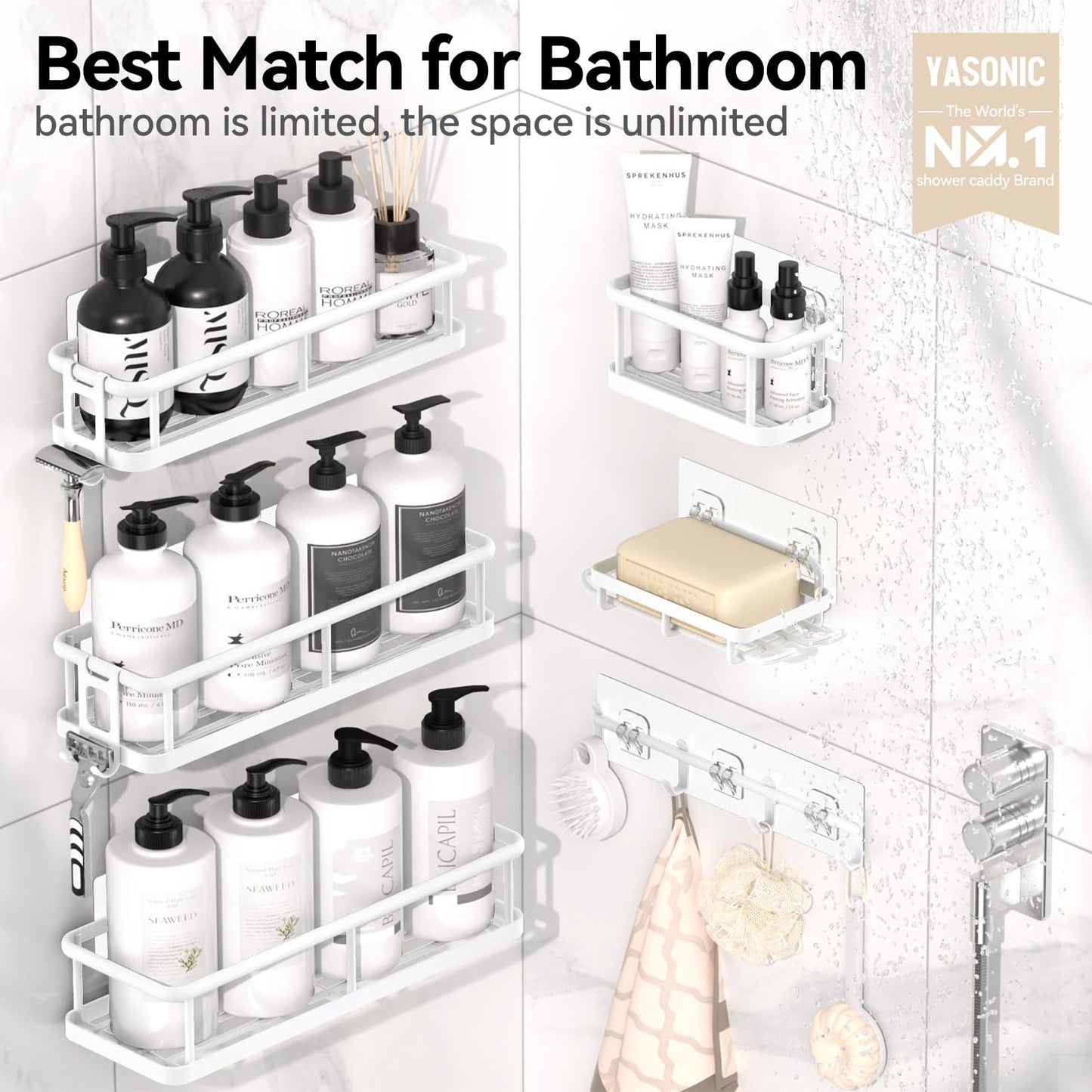 YASONIC Shower Caddy, 6 Pack Large Capacity shower Organizer with Soap Holder and 12 Hooks, Rustproof Shower Shelves for Inside Shower, No Drilling&Sleek Bathroom Organizers and Storage White