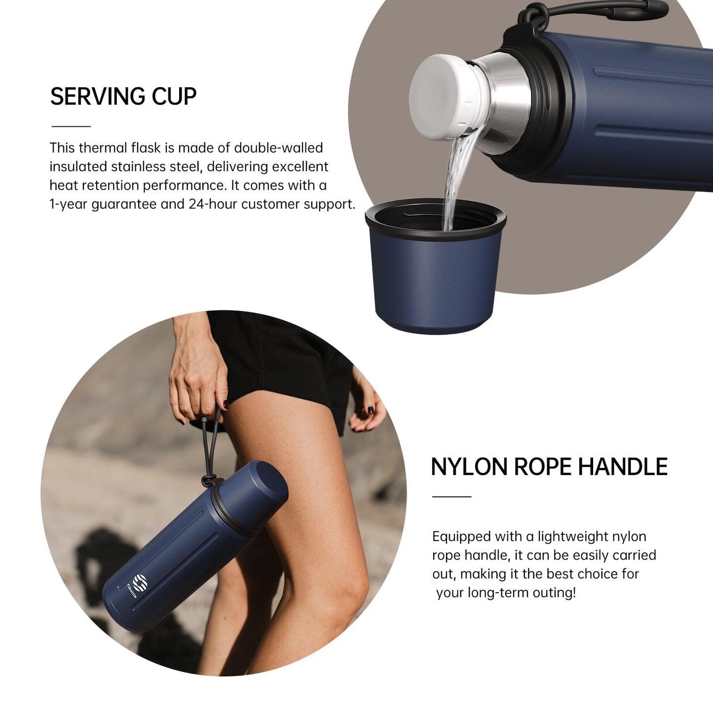 Heater 1L Thermo Water Bottle with Cup(72 hrs Ice Cold & 24 hrs Hot) Flask for hot Water with Removable Base and Filter 18/8 Stainless Steel Coffee Flask for Travel Office and School(Dark Blue)