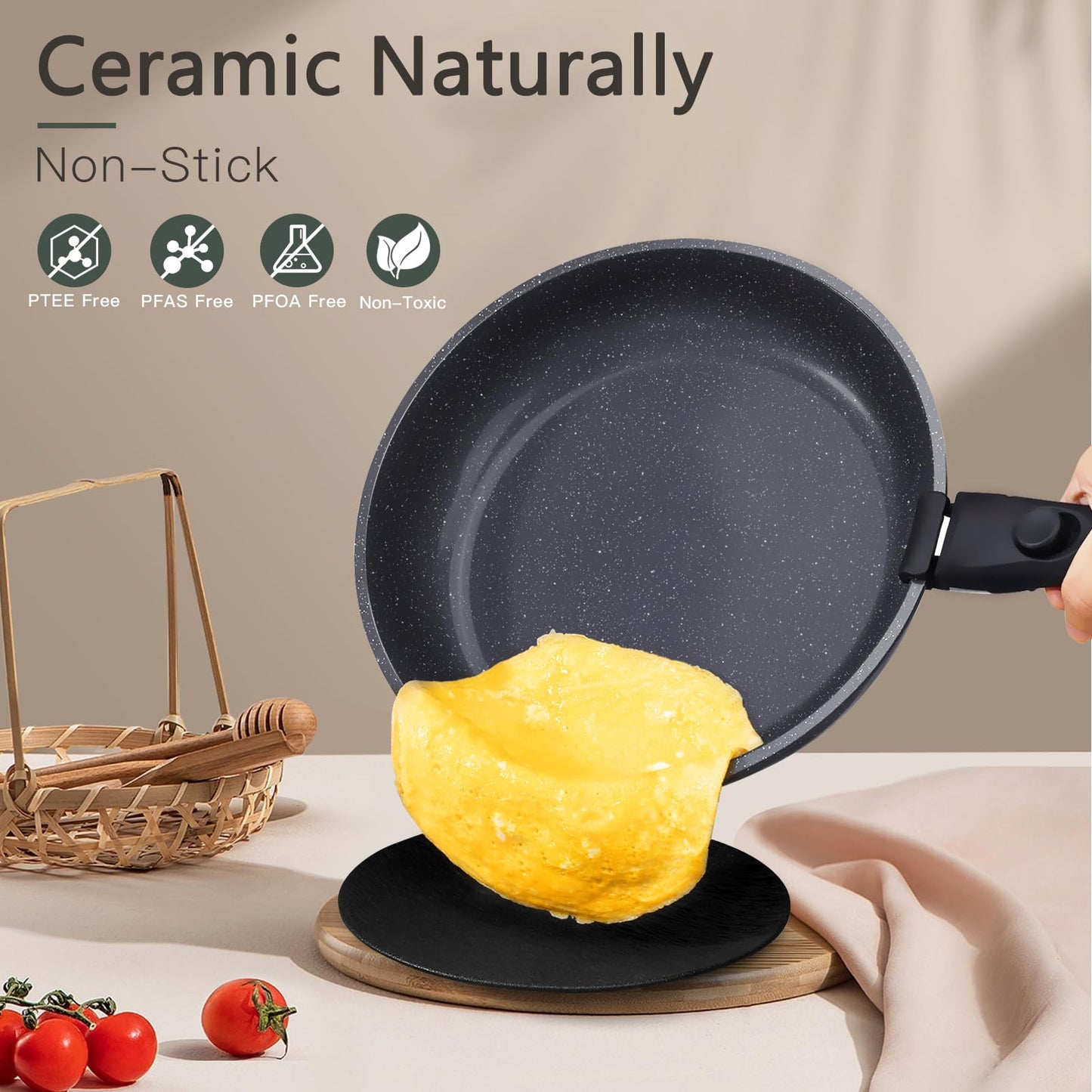 GiPP Ceramic Non Stick Pots and Pans Set,Nonstick Detachable Handle Cookware Sets,Healthy Non Toxic PFAS PFOA & PTFE Free, Dishwasher ＆Oven Safe, Induction Kitchen Pot and Pan, 8 Piece Grey