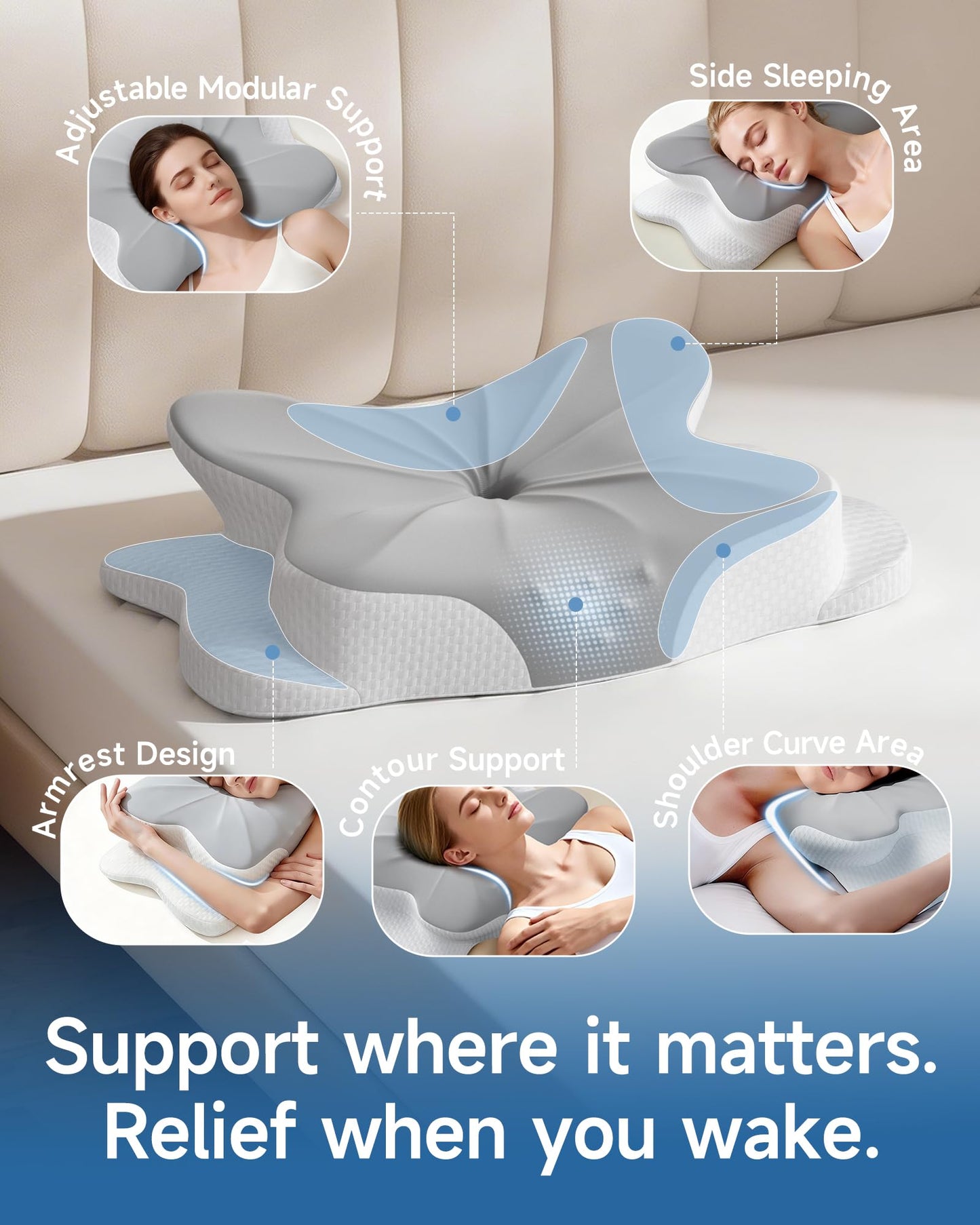 Aeemrn Memory Foam Pillow, Cervical Neck Pillow for Neck Pain 2in1, 3-Level Adjustable Firmness, Ergonomic Neck Support for Side & Back Sleepers, Breathable Contour Pillow with Armrest Zones