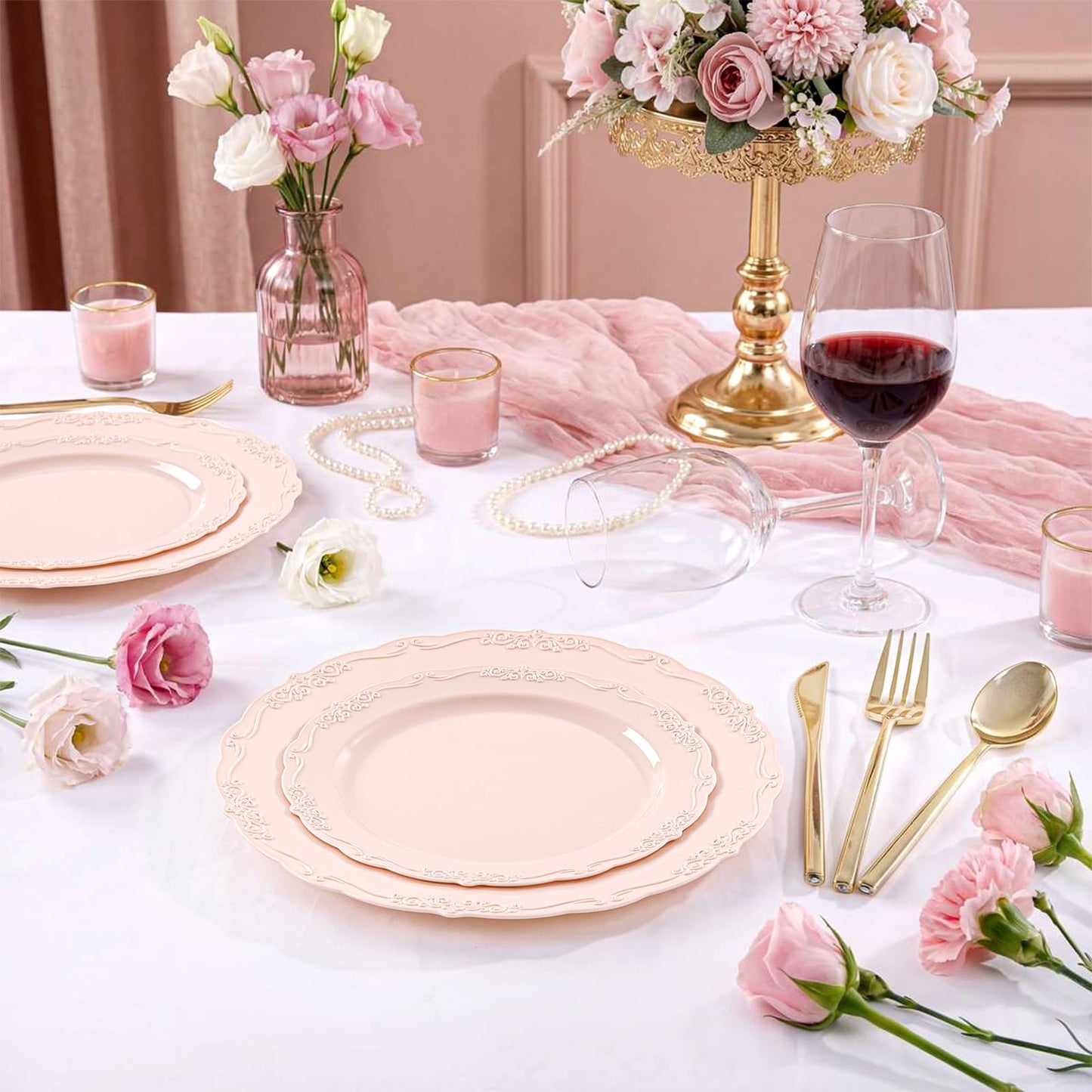 Tinybee 60PCS Pink Plastic Plates - Heavy Duty Pink Disposable Plates, Elegant Plastic Plates for Bridal Shower, Wedding and Party Including 30 Dinner Plates 10 '' & 30 Dessert Plates 7.5 ''