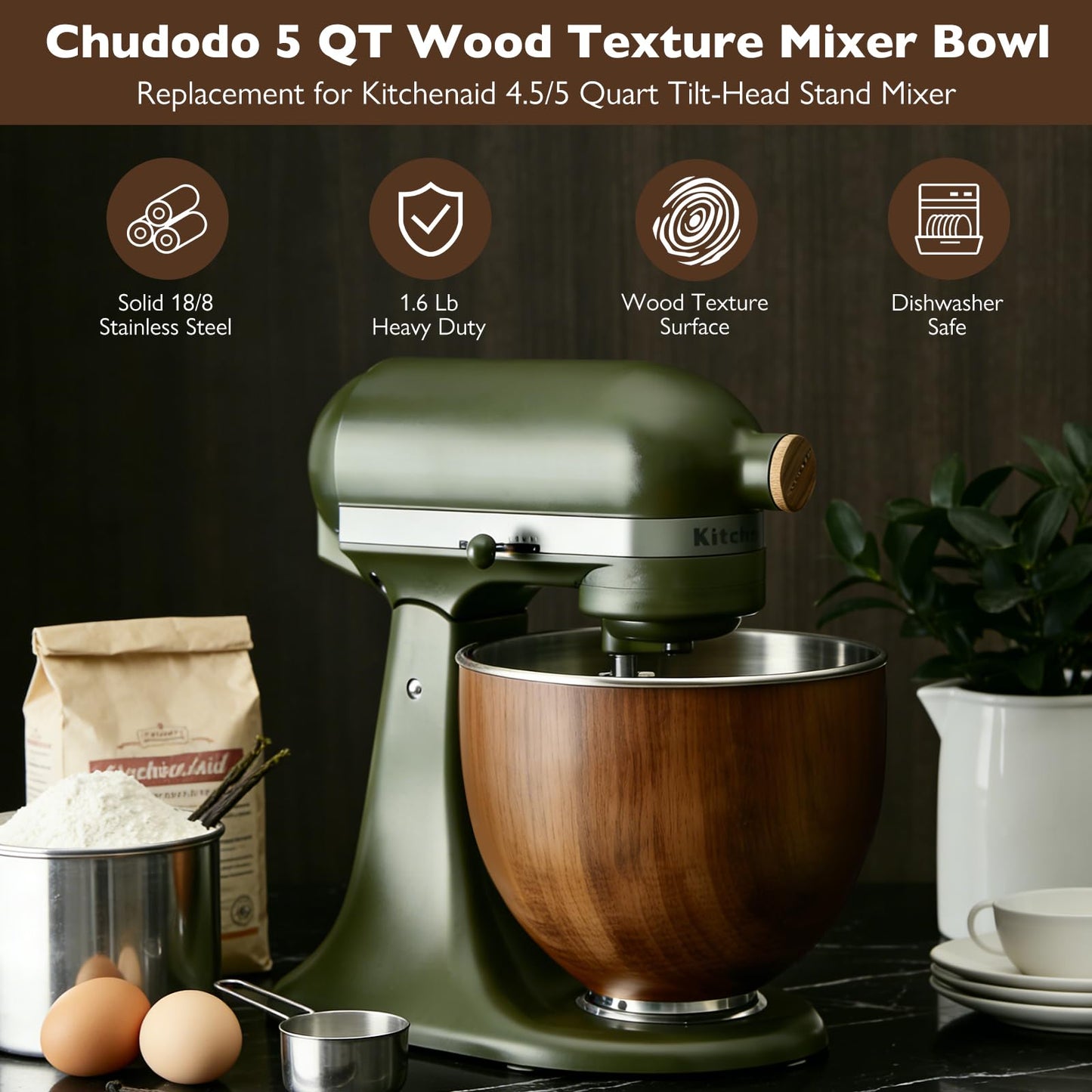 Premium Wood Mixing Bowl, Compatible with 4.5-5 Qt Tilt-Head Stand Mixers, Natural True Wooden Bowls,Suitable for K45SS, KSM75, KSM90, KSM100, KSM150, Dishwasher Safe, Heavy Duty, No Residue