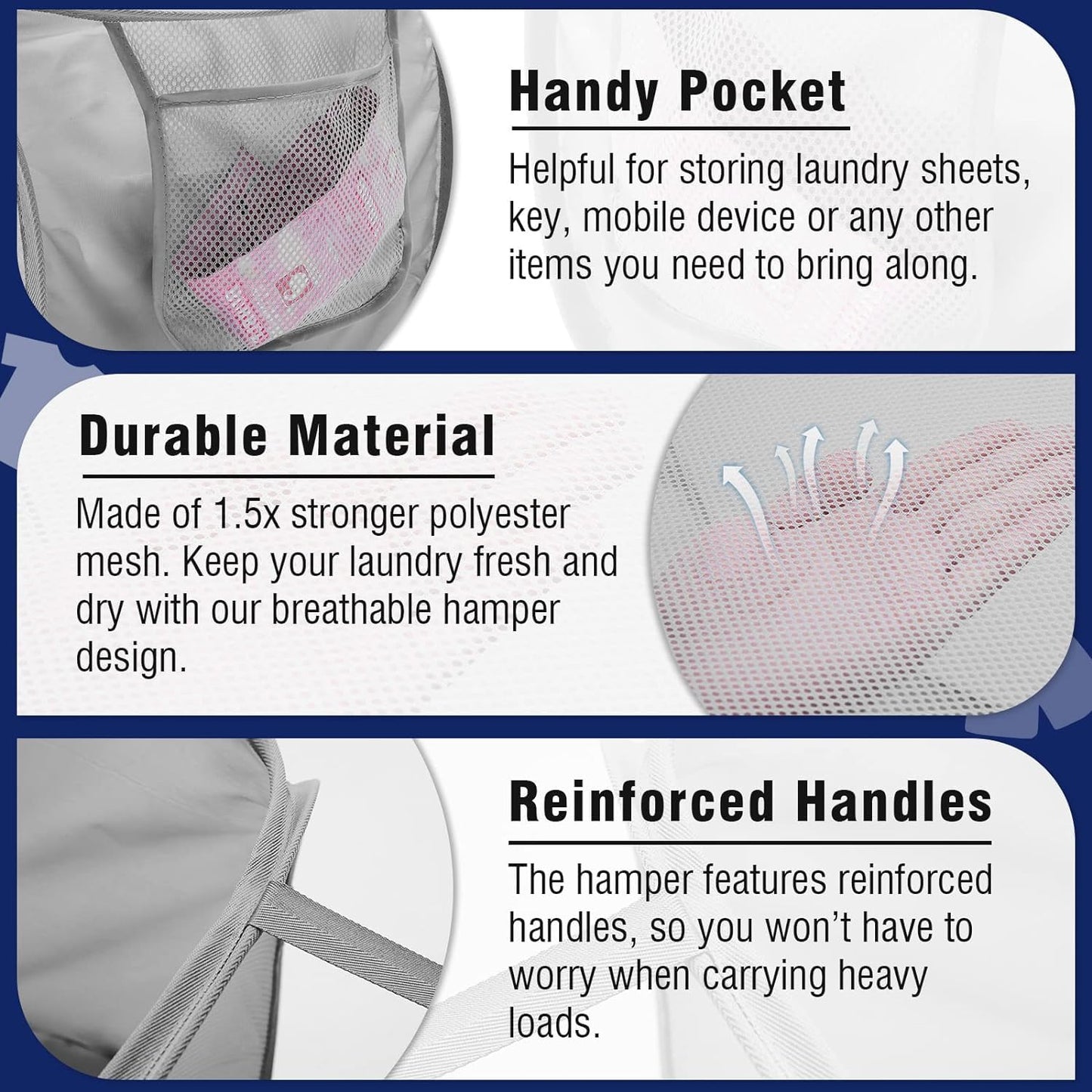 Collapsible Mesh Pop Up Laundry Basket with Durable Handles and Pockets, Portable, Foldable, Deluxe Clothes Hamper for Travel, Laundry Room, Dorm or Bathroom, Space Saving Organizer, Grey, 3 Pack…