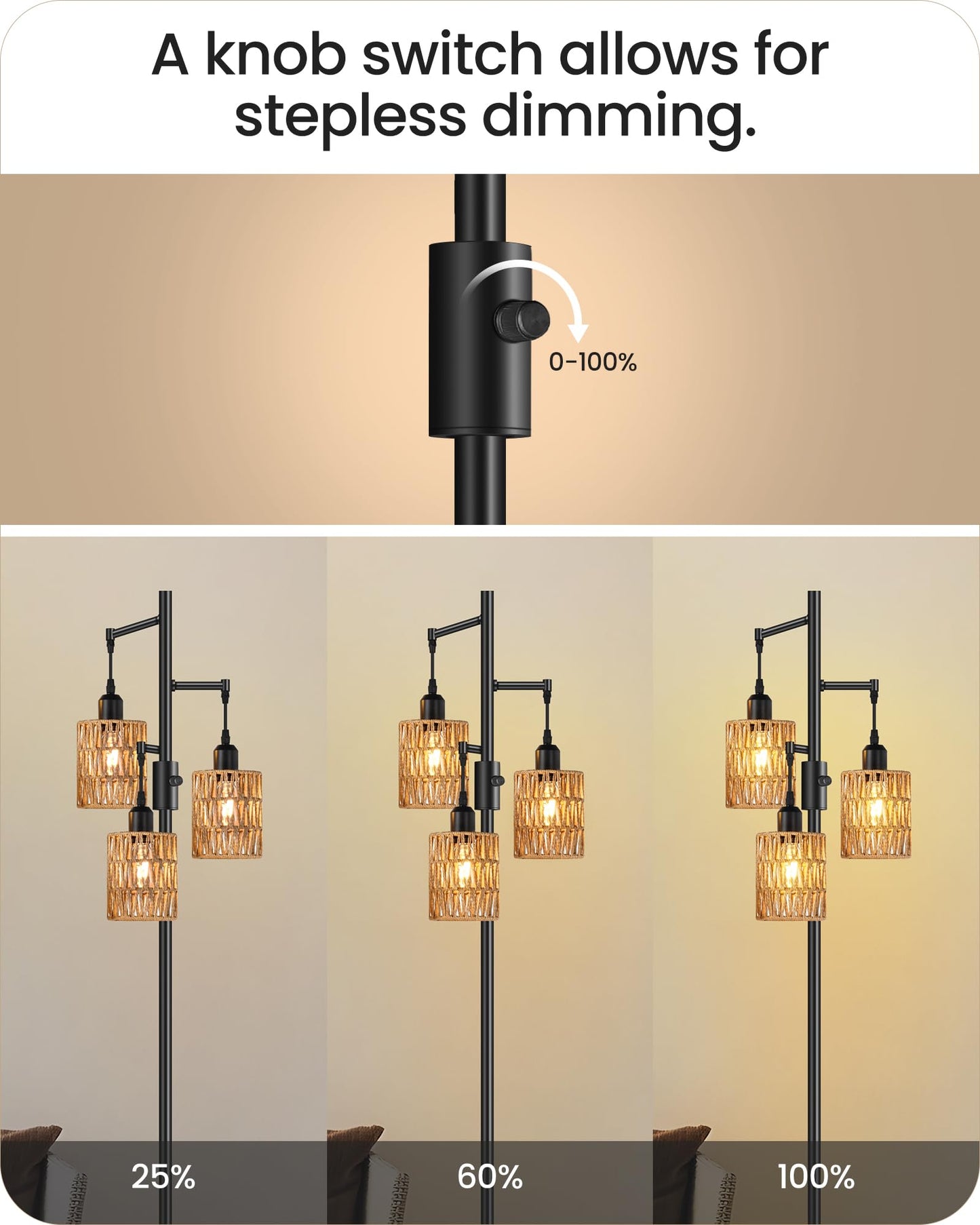 GOEBLESON Dimmable Floor Lamp, Farmhouse 178CM Tall Standing Tree Lamp with 3 Rope Woven Bamboo Lampshades, Boho Rattan Floor Lights, 4W 3 LED Bulbs Included, for Living Room, Bedroom, Study, B03LD05