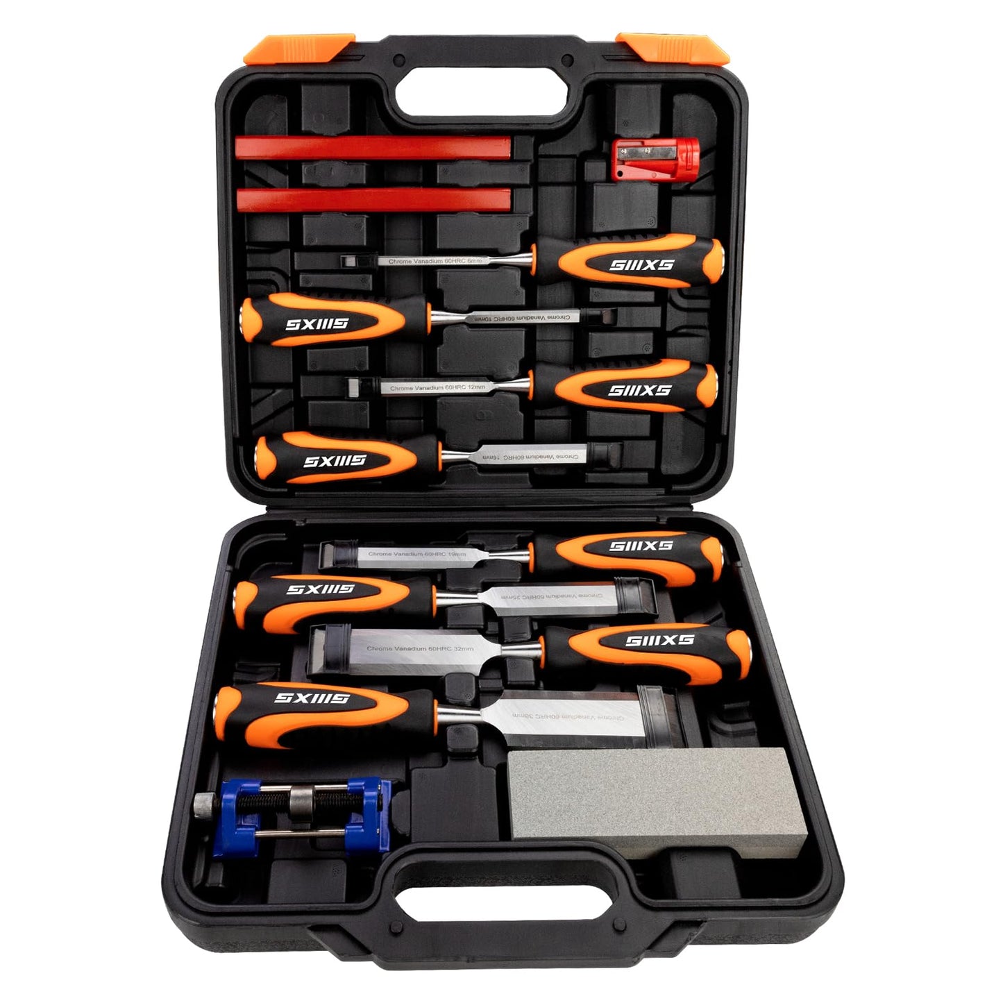 SIIIXS 8pcs Premium Wood Chisel Set, 8pcs Wood Chisel with 1 Honing Guide, 1 Sharpening Stone and 2 Carpenter Pencils