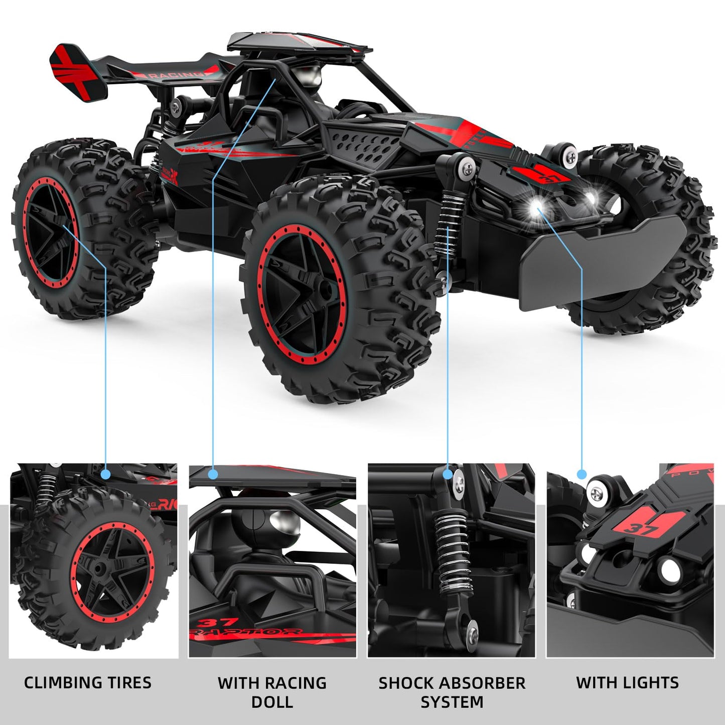 ACAMMZAR Remote Control Car, 1:18 High Speed RC Cars for Kids, 20KM/H Monster RC Truck Off Road with Lights Toys for Boys, Red