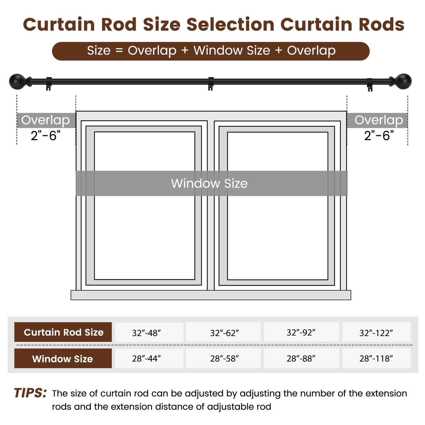 Curtain rod for Windows 84-120 Inch, 5/8 Inch Extra Long Matte Black Curtain Rod Adjustable with Brackets Pole Rideau for Bedroom, Bathroom, Living room, Kitchen, Patio, Outdoor, cafe