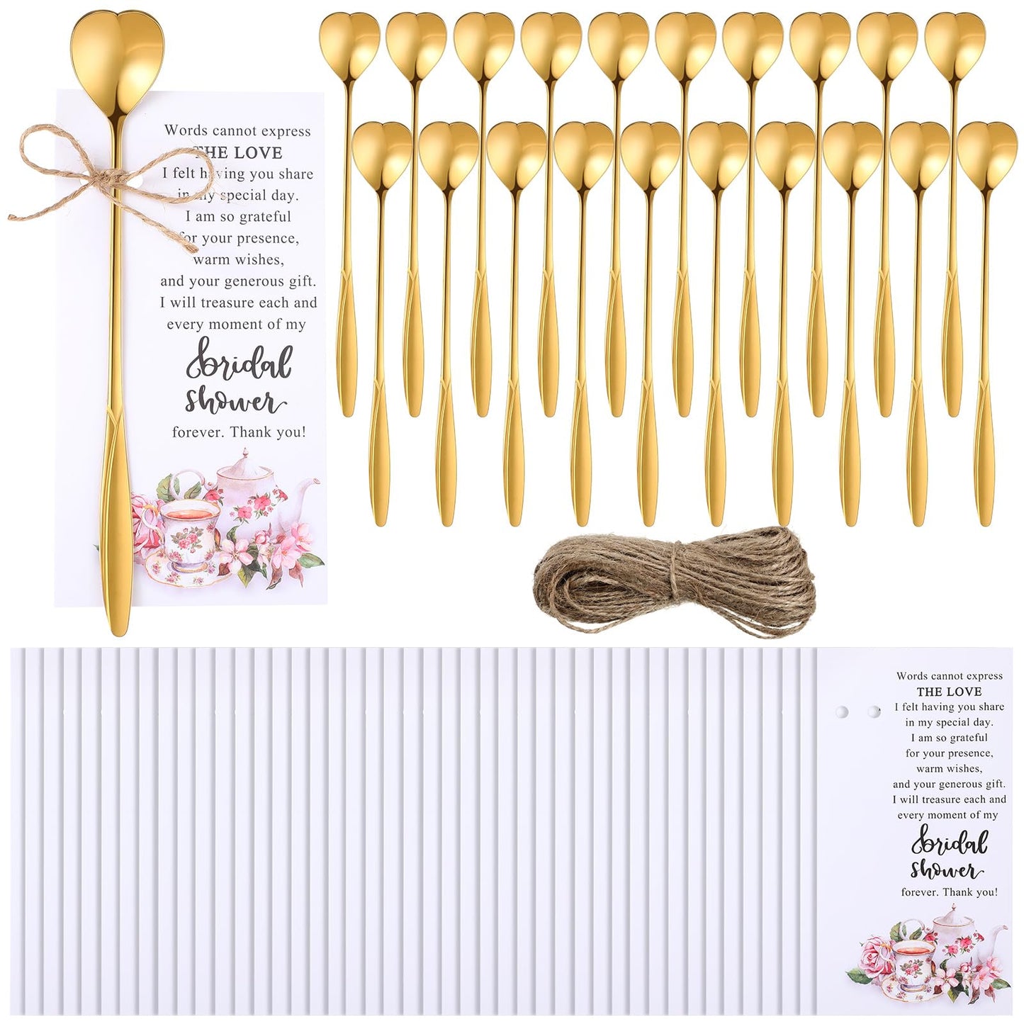 Skybooly 50 Heart Shaped Tea Party Spoons with Bridal Shower Thank You Cards and Hemp Rope Wedding Souvenirs