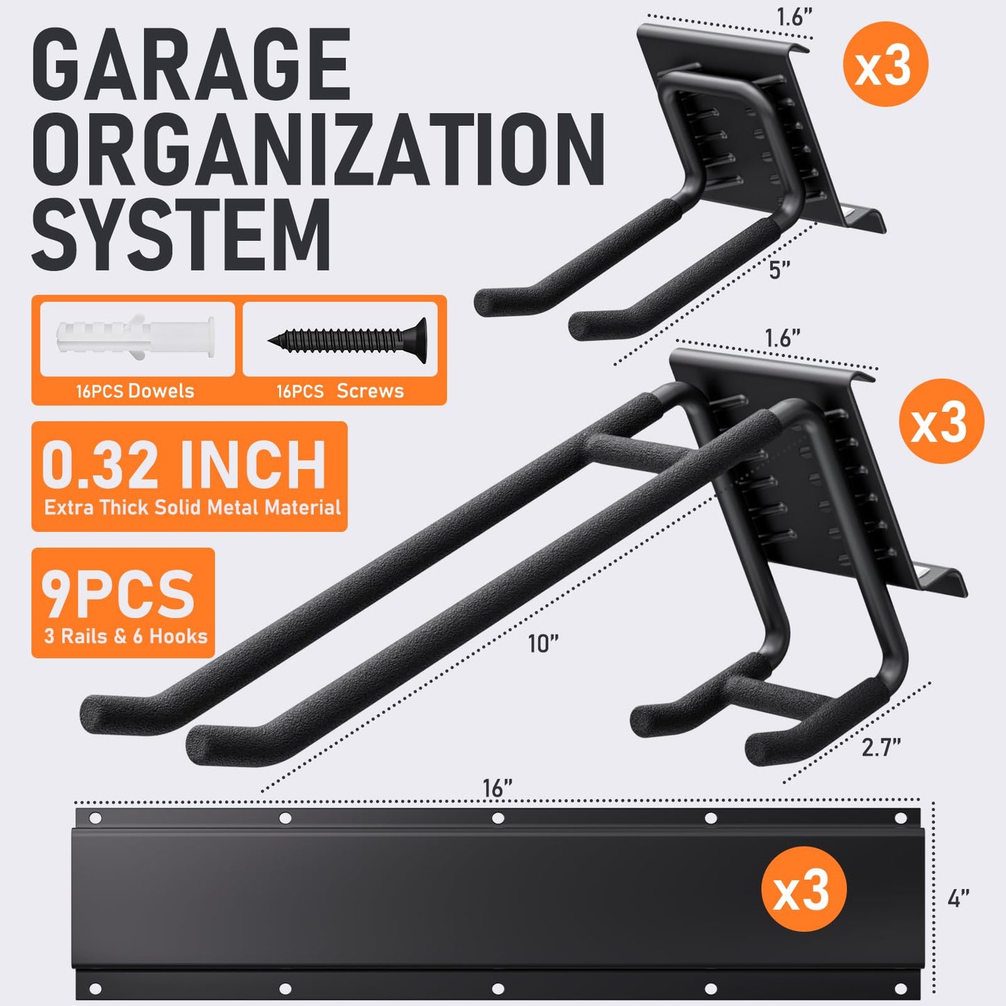 INCLY Garage Tool Wall Organizer Storage, 48 Inch Heavy Duty Garden Tool Storage Rack Garage Organization with 6 Adjustable Metal hooks, 3 Tracks for Tool Hanging Max Load 390lbs