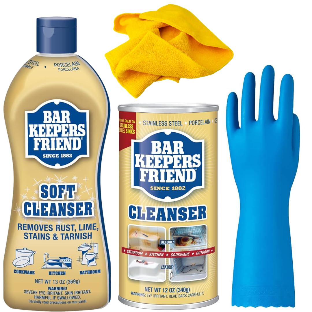 4 pack Cleaning Bundle | Bar Keepers Soft Cleanser 13 oz + Stainless Steel Cleanser Powder 12 oz | Microfiber Cloth | Pair of Nitrile Cleaing Gloves Large Size