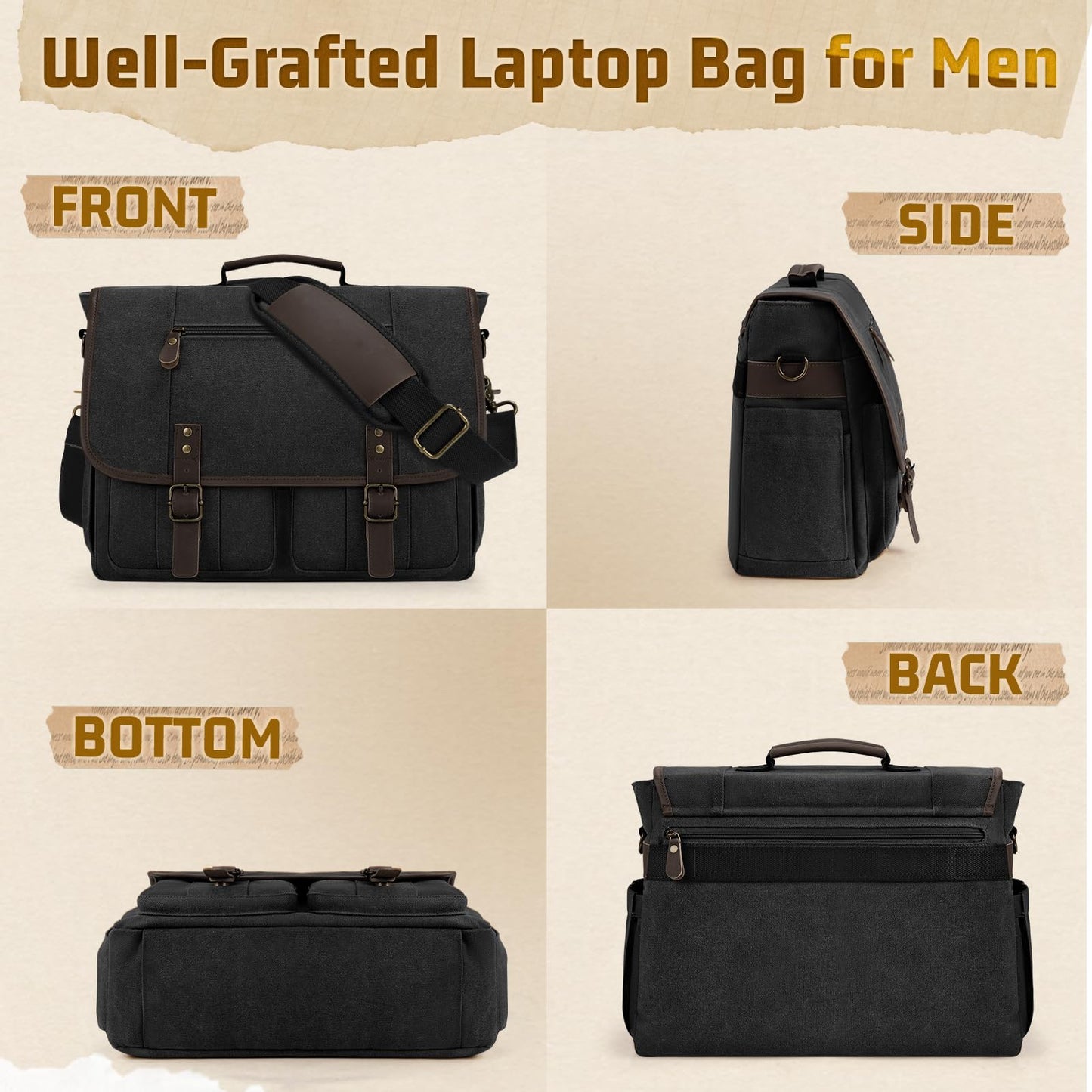RAINSMORE Canvas Messenger Bag Men 17-17.3 Inch Laptop Bag Computer Briefcase Water Resistant Satchel Bag for Men Work Office