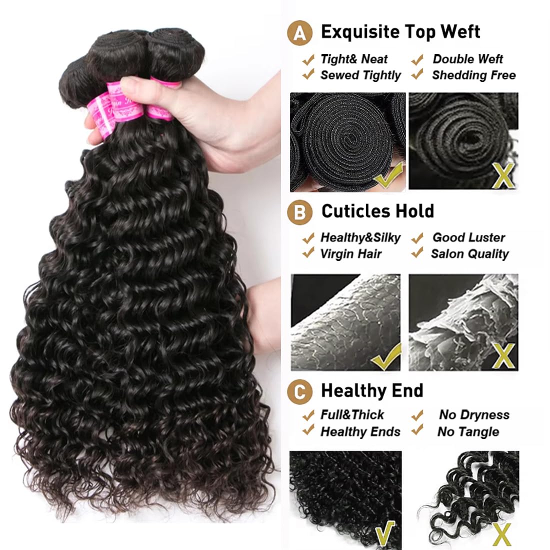 12A Human Hair Deep Wave Bundles(16 18 20 22 Inch)100% Unprocessed Brazilian Deep Wave Human Hair Bundles Wet and Wavy Bundles Hair Extension Sew In for Black Women Natural Color