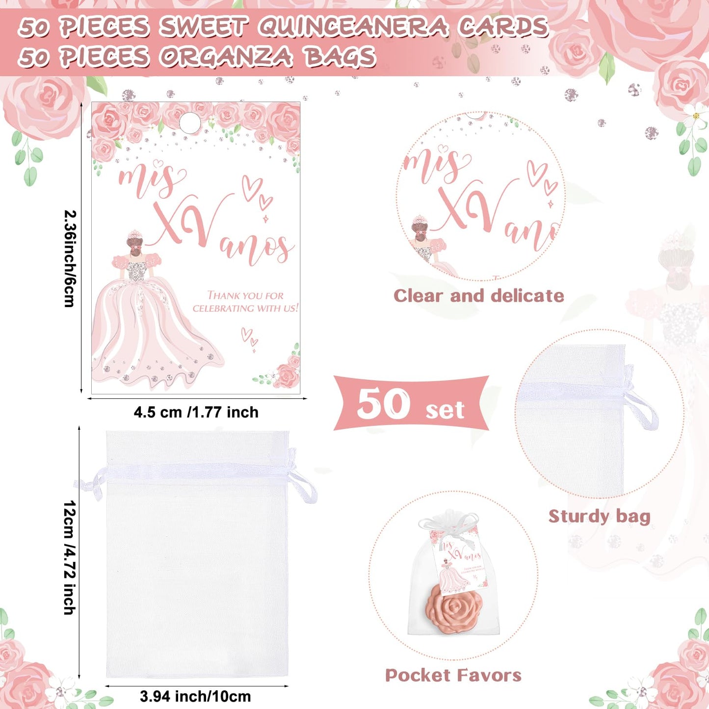 Wenqik 50 Sets Quinceanera Party Favors for Guests 50 Rose Design Compact Pocket Mirrors 50 Quinceanera Cards Thank You Gift and Organza Bags Sweet 15 Mis Quince Birthday Sweet Party Favor(Pink)