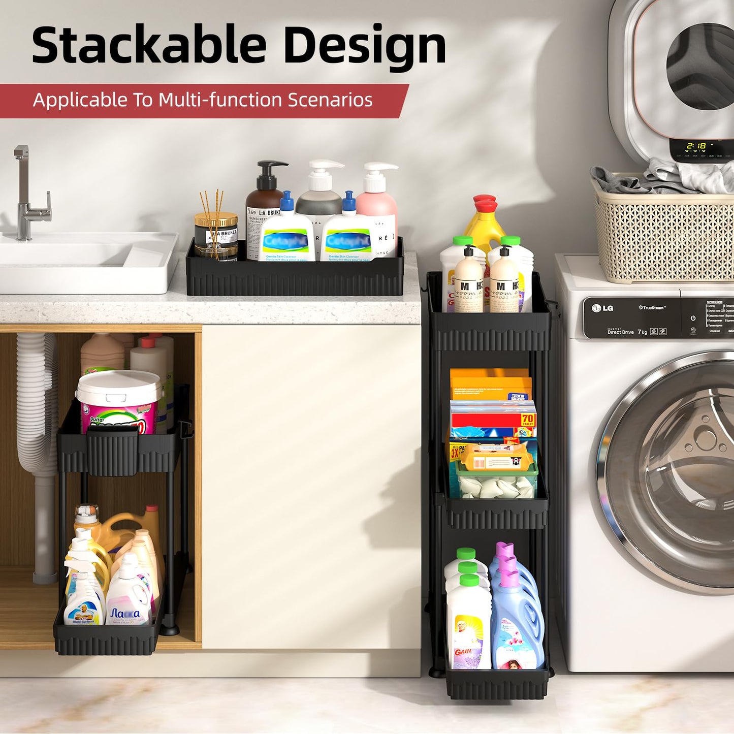 Sevenblue 4 Pack Under Sink Organizer and Storage, 2 Tier Sliding Bathroom Organizers, Multi-Use Under Sink Organizer for Bathroom and Kitchen (4 Pack Black)