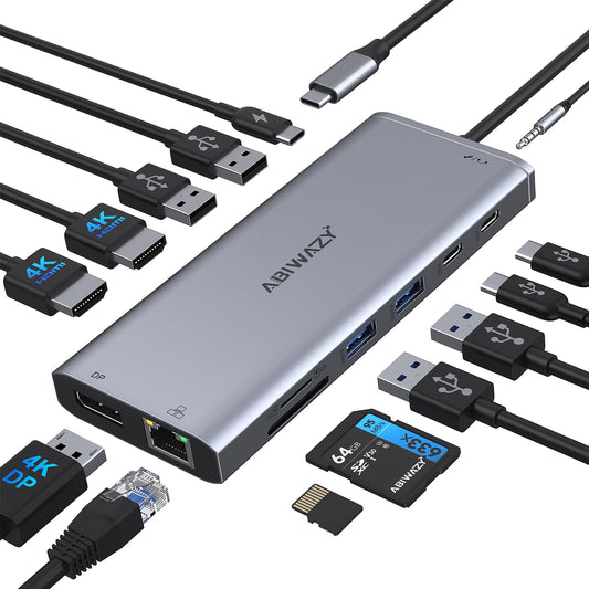 ABIWAZY USB C Docking Station Dual Monitor USB-C Hub Multiport 14 in 1 Dongle Adapter with 2HDMI Displayport 100W PD Ethernet 6 USB Port Mic/Audio SD/TF Card Reader for Dell/HP/Lenovo/MacBook Air
