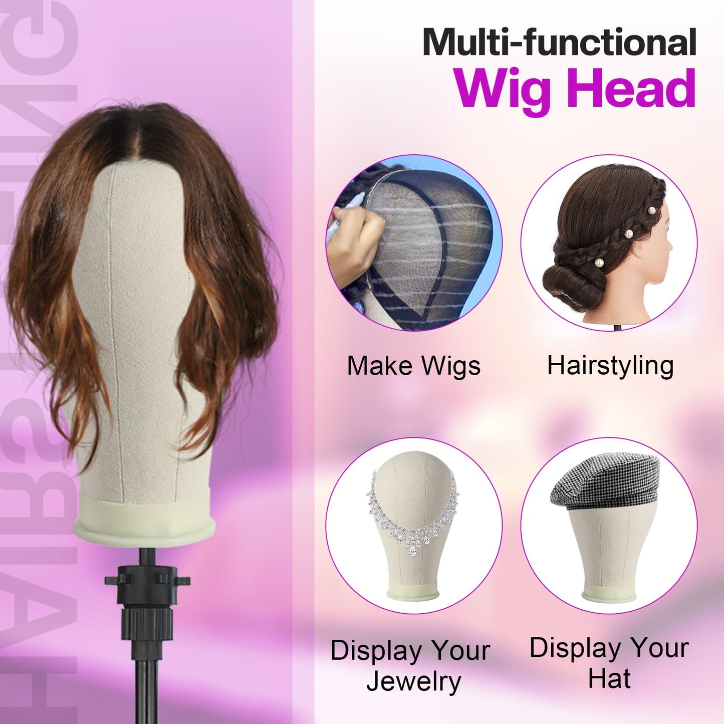 23 Inch Wig Head,Wig Stand Tripod with Head,Canvas Wig Head,Mannequin Head for Wigs,Manikin Canvas Head Block Set for Wigs Making Display with Wig caps,T Pins Set Bristle Brush