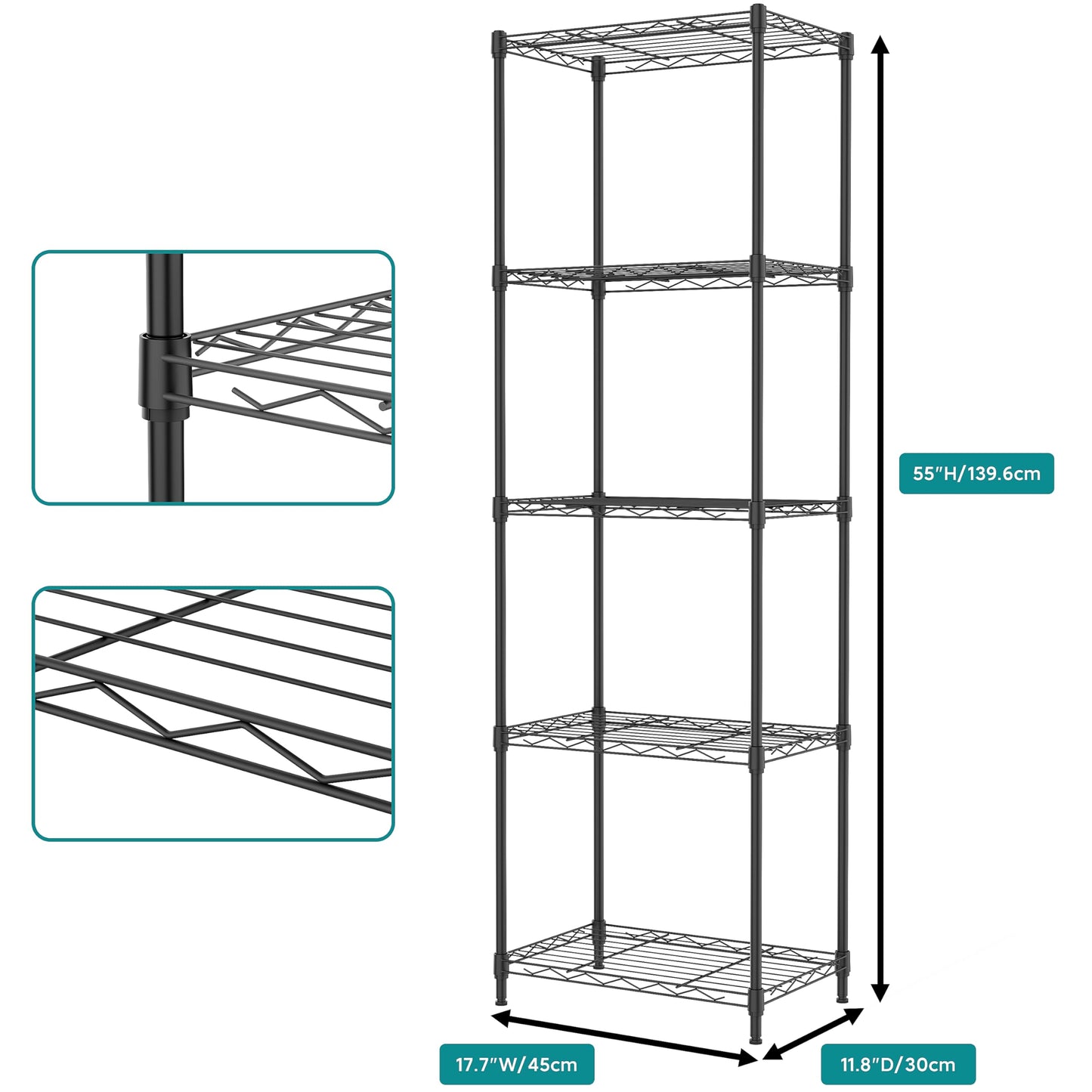 IZEUK 5-Shelf Shelving Unit - Heavy Duty Storage Shelving, Metal Wire Shelving, Storage Organizer Standing Rack for Kitchen, Office and Garage (Black, 5 Tier, 11.8" D × 17.7" W × 55" H)