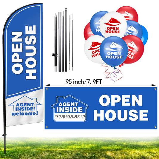 Cevicant Open House Flags Kit: Light Blue, Aluminum & Polyester, Open House Signage Kit, Sign, Attention-Grabbing, Festive, Real Estate, 8ft x 96in Banner, 30 Balloons