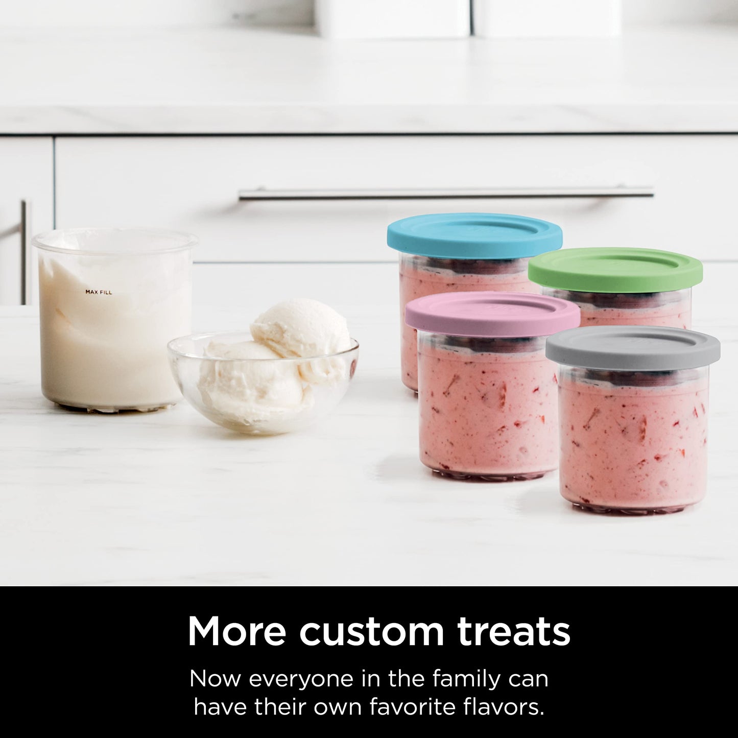 Ninja XSKPLD4BCD 4 Pack, Compatible with NC299AMZ & NC300s Series Creami Ice Cream Makers, BPA-Free & Dishwasher Safe, Color Lids, 1 Pint Each, Clear/Grey/Lime/Pink/Acqua