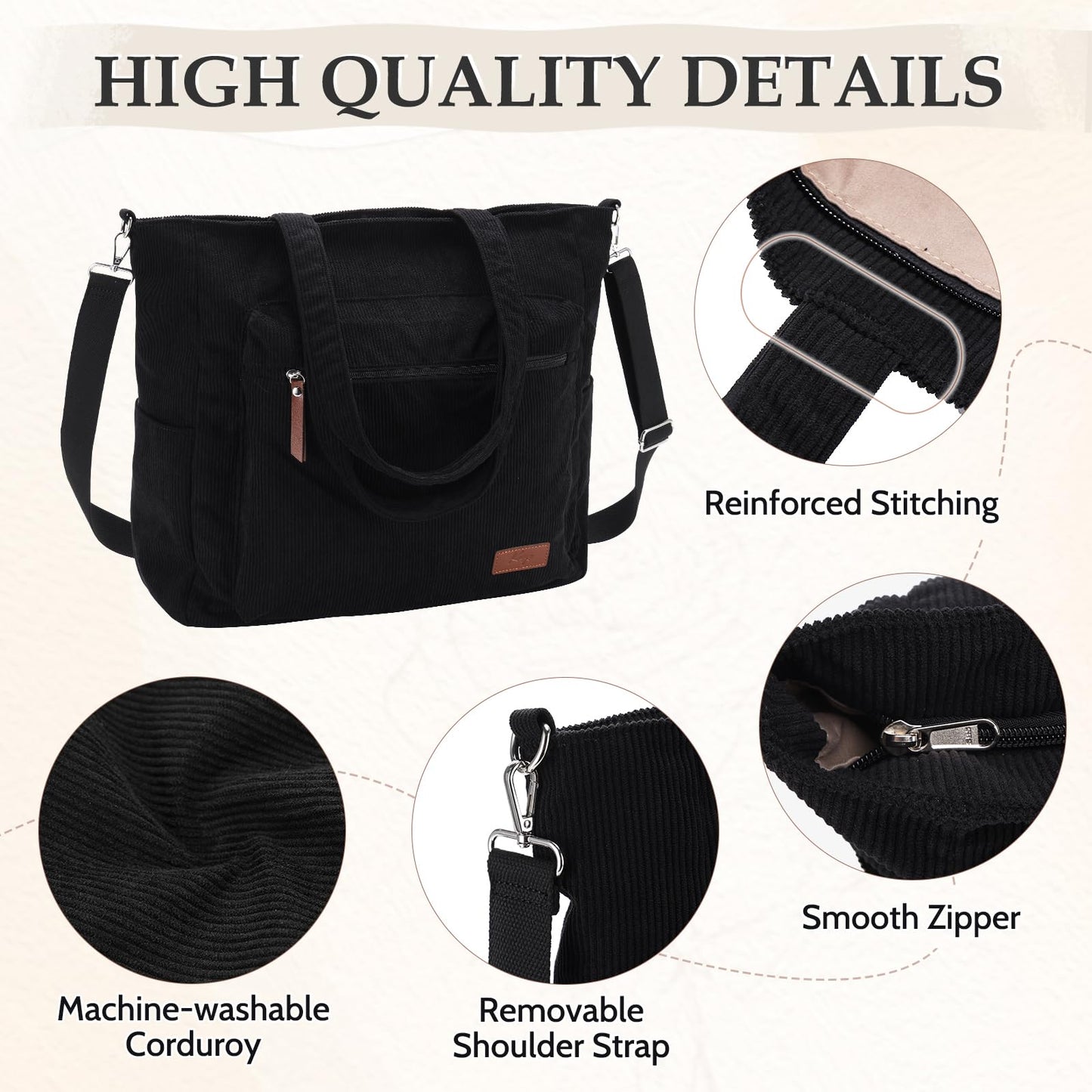 Kasqo Corduroy Tote Bag for Women, Extra Large Zippered Crossbody Shoulder Purse with 15.6" Laptop Compartment for Work Travel School College, Black