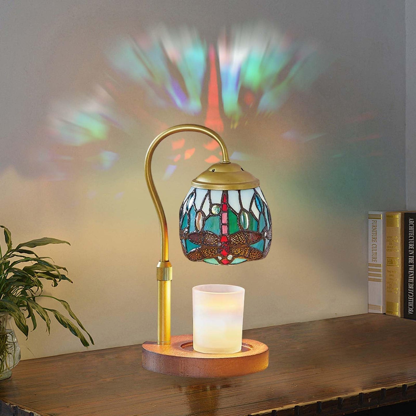 GlitzLamp Dragonfly Tiffany Style Candle Warmer lamp, Lamp with Timer & Dimmer Candle Warmer Height Adjustable Scented Candles,with 2 * 50W Bulbs for Home Decor