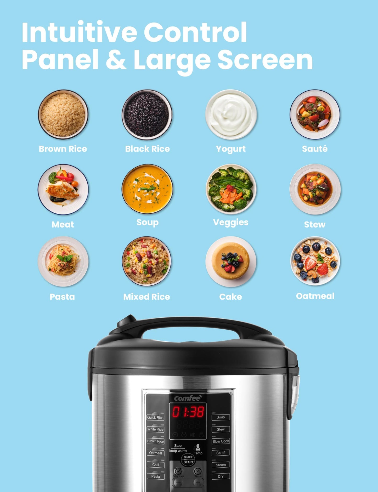 COMFEE' Rice Cooker 10 cup uncooked, Food Steamer, Stewpot, Saute All in One (12 Digital Cooking Programs) Multi Cooker Large Capacity 5.2Qt, 24 Hours Preset