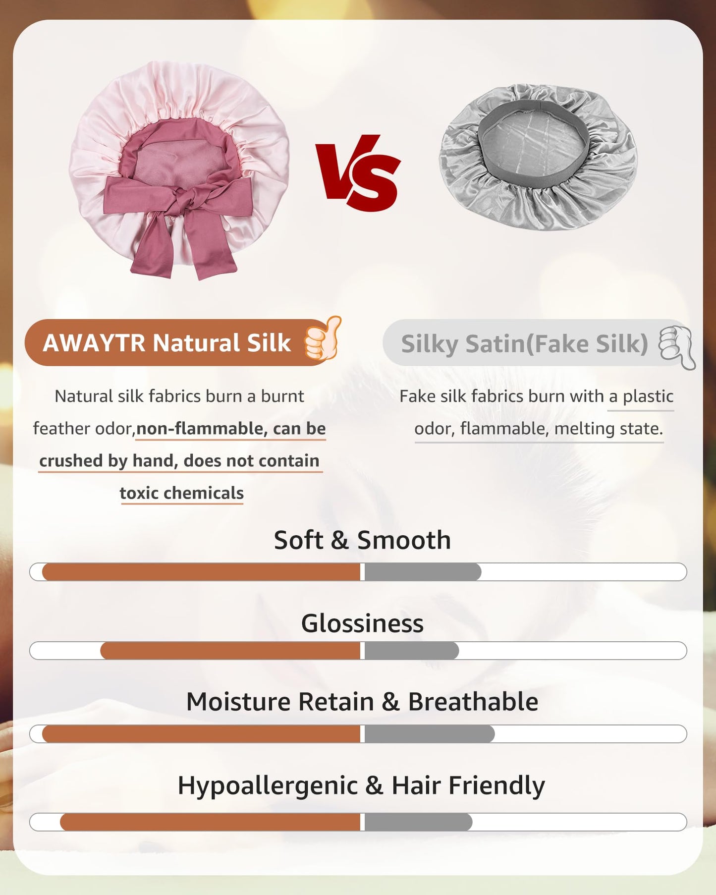 AWAYTR Silk Bonnet for Sleeping Women - 100% Mulberry Silk Bonnet with Band 2 Layer Reversible Hair Bonnet Sleeping Hair Wrap (Dust rose/Pink)