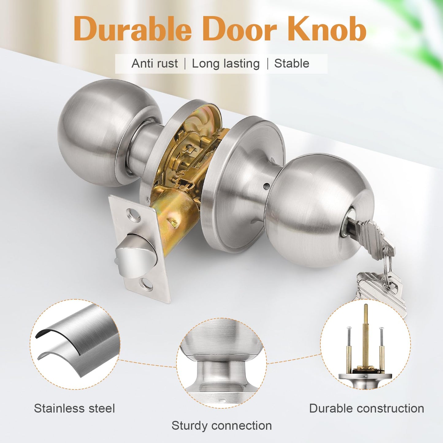 Probrico 2 Pack Keyed Alike Entry Door Knobs with Lock and Key Ball Door Knob Handles Entrance Door Lockset Brushed Nickel Finish