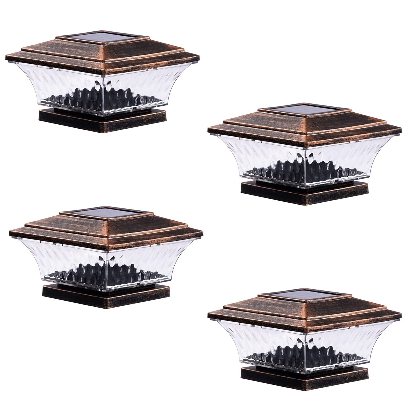 HUYIENO Solar Post Cap Lights Outdoor LED Lighting Deck Fence Cap Light Two Light Modes Warm White/Bright White Suitable for 4x4 Wooden Posts Brushed Copper 4PK