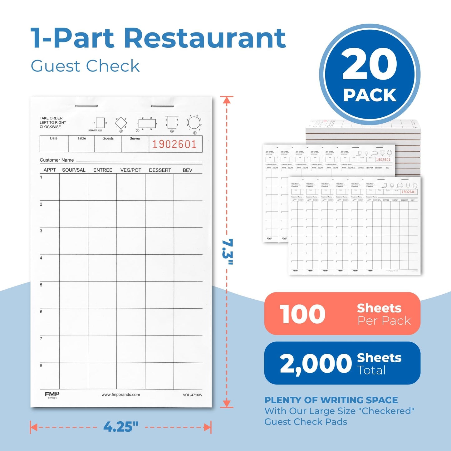 FMP Brands Server Note Pads Paper, Guest Check Books, Total 2000 Sheets, 20 Pads, 100 Sheets/Pad, Guest Check Pads, Order Pads for Servers, Waitress Notepads for Restaurant, Bar, Cafe, Diners