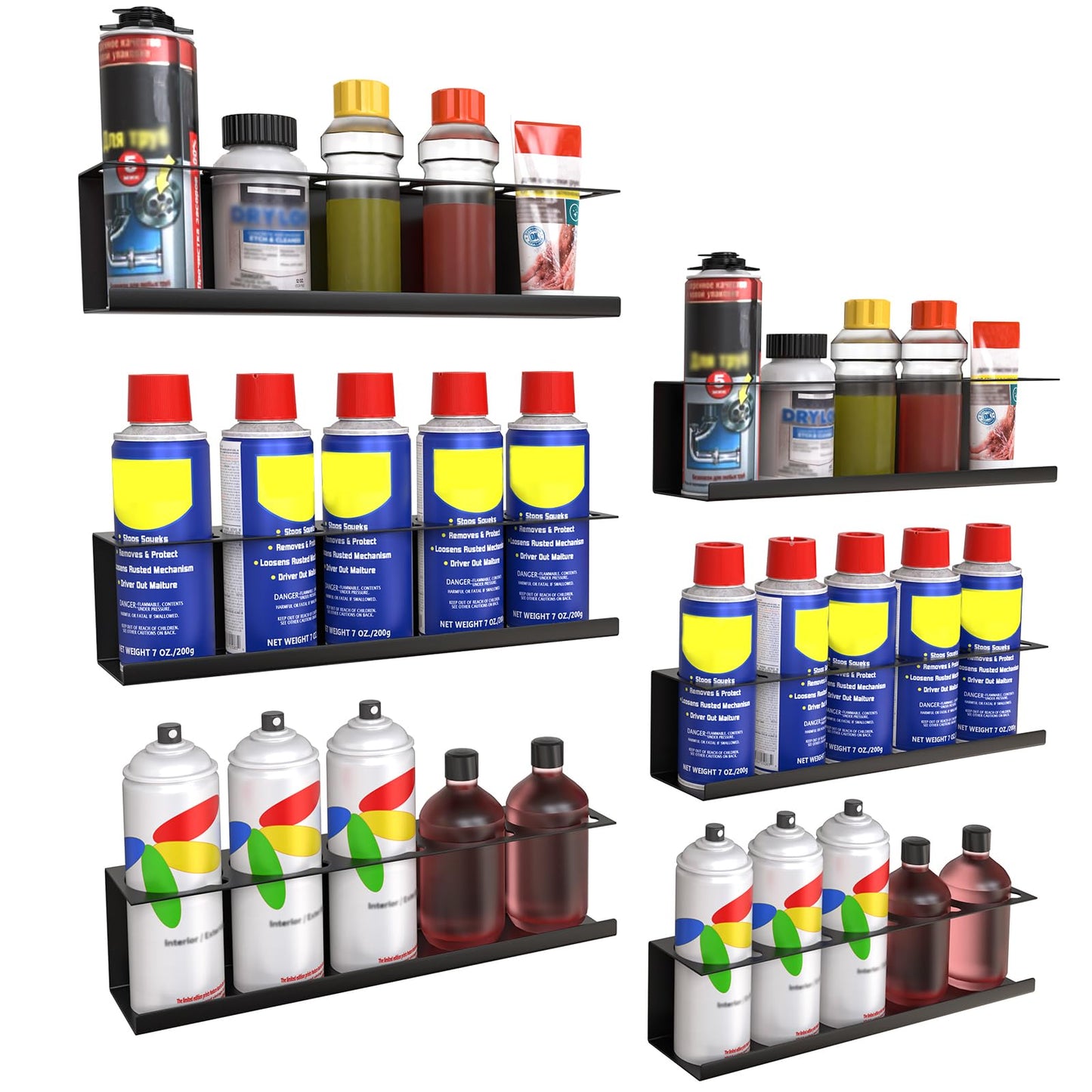 6 Pack Spray Bottle Holder Wall-Mounted, Aerosol Spray Can Holder Storage Rack, Heavy-Duty Paint Bottle Organizer with 30 Holes, Steel Black Spray Rack for Garage, Shop, Home or Tool Trailer