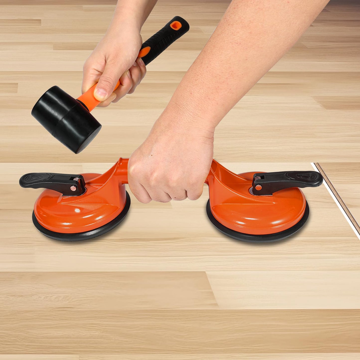 Floor Gap Fixer Tool for Laminate Floor Gap Repair Plank Grabber Includes Heavy Duty Aluminum Suction Cup and Fiberglass Handle Rubber Mallet (Can't Use on Scraped Surface Floor)