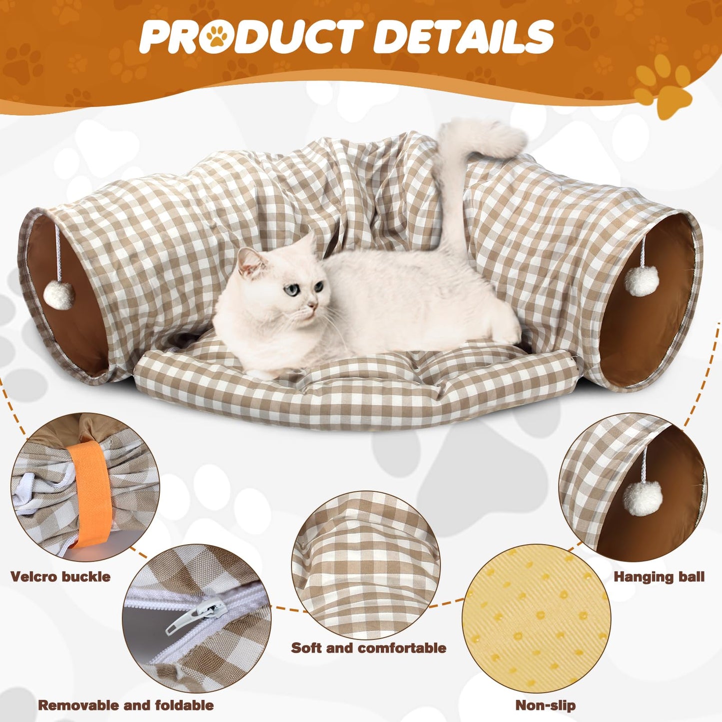 Bunny Tunnel Bed, 2-in-1 Collapsible Tunnel Tubes Toys with Removable Mat Hideout for Cats Kittens Rabbits Guinea Pigs Kitty