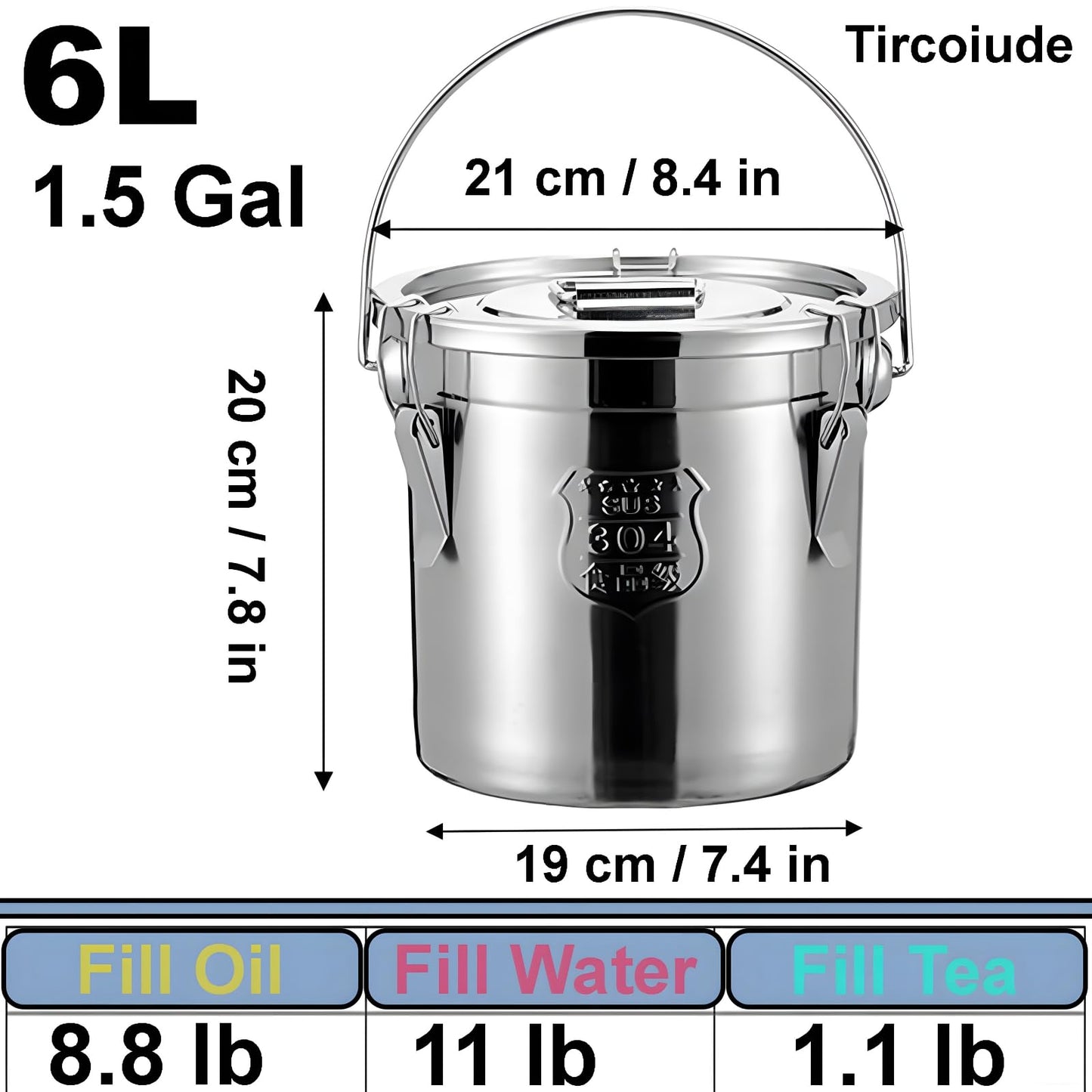 Tircoiude 304 Stainless Steel Kitchen Canisters, Flour Storage Container with Lid Locking Clamp Metal Food Airtight Canister for Kitchen Bean Oil Cereal Stainless Steel Bucket(Handheld)6L/1.5gal