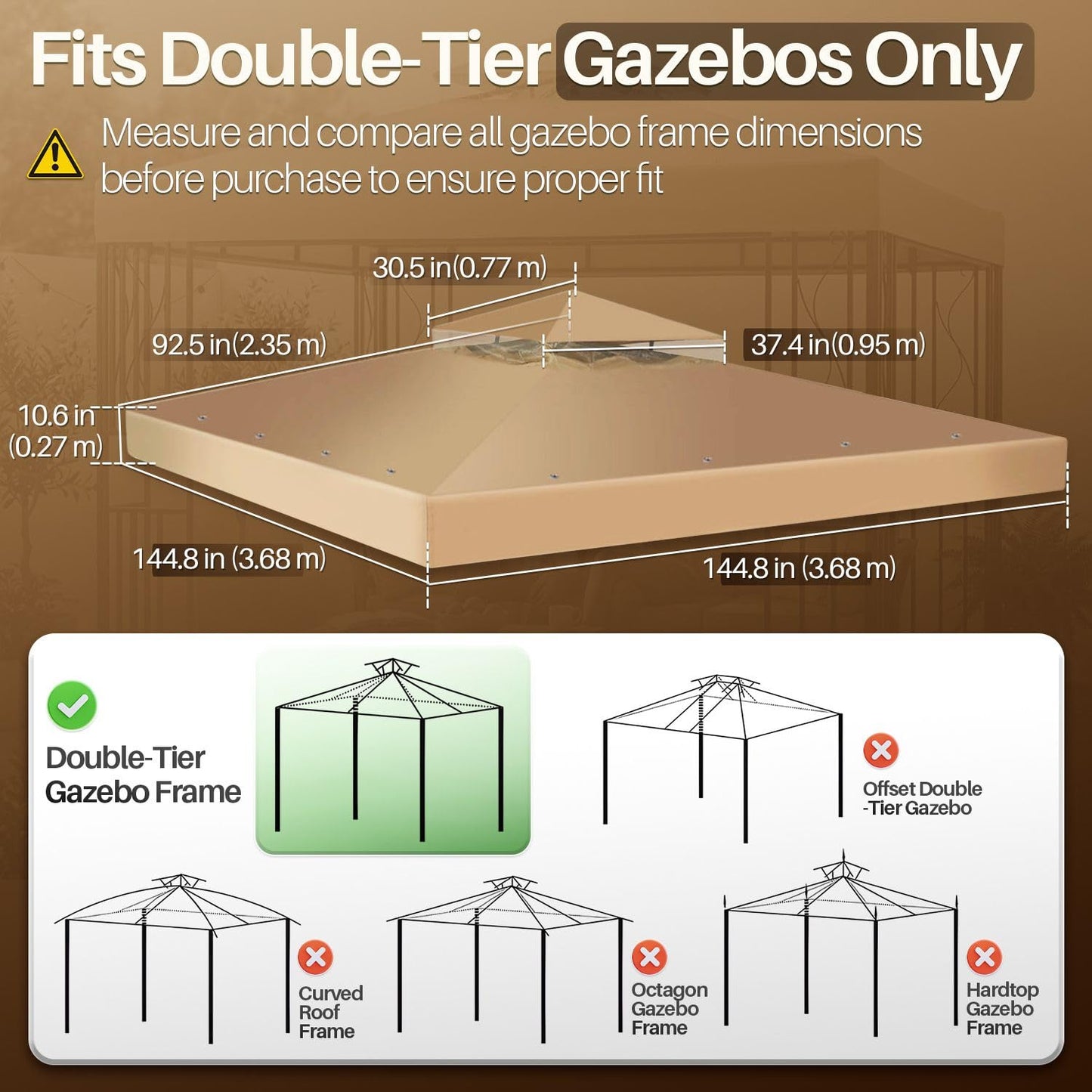 Flexzion Gazebo Cover Replacement Canopy Top 12x12 Ft (3.6m x 3.6m) - Double Tier Top Canopy Cover Replacement with UV30+, Dirt, Water Resistant for Outdoor, Sunshade, Garden, Patio, Pavilion (Beige)