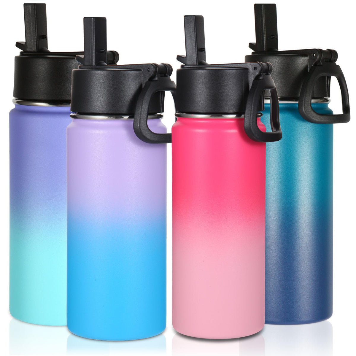 Volhoply 16 OZ Kids Water Bottle Bulk 4 Pack,Insulated Sports Bottles with Straw Lid,Stainless Steel Bottle with Handle Keep Cold,Double Wall Vacuum Cups for School,Girls(Assorted,Set of 4)
