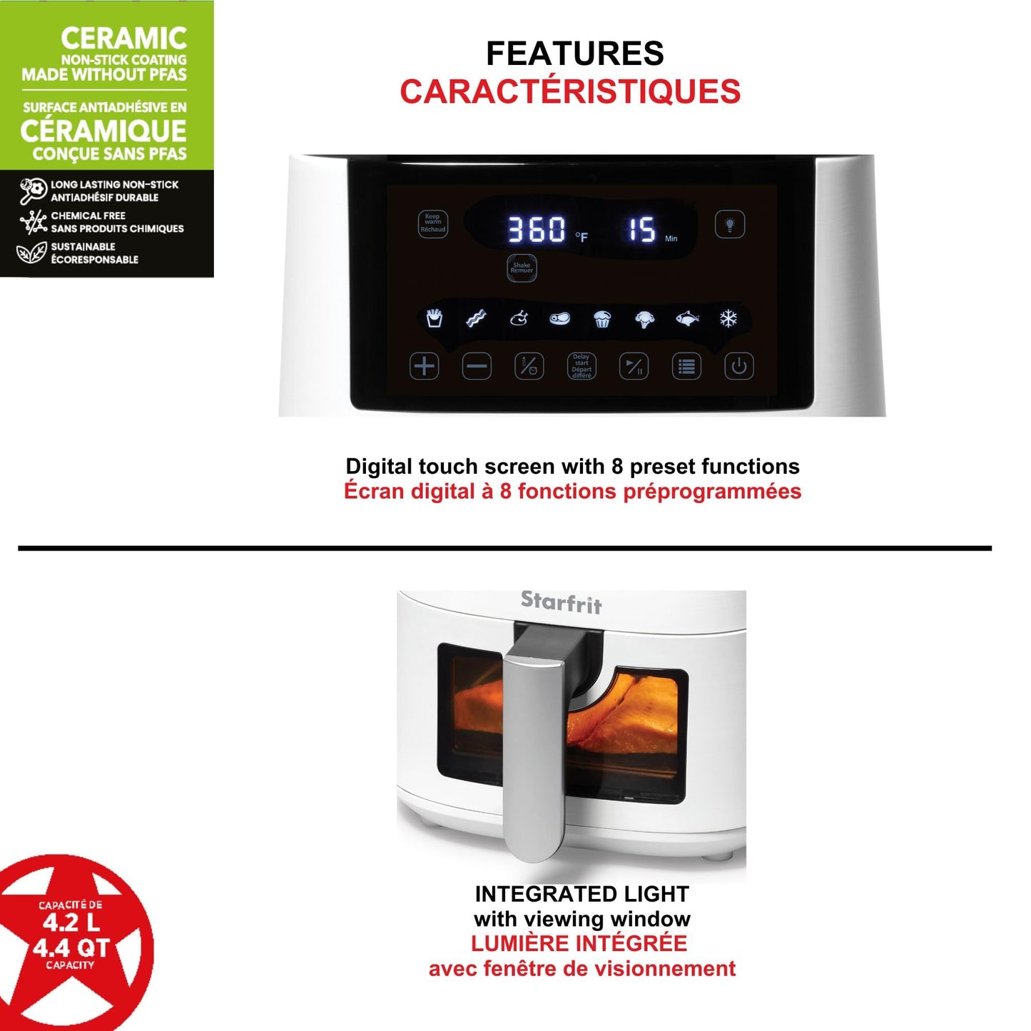 Starfrit Electric Digital Air Fryer - 4.2L Capacity - Ceramic Non-Stick Surface - 8 Preset Functions - Viewing Window -1400W