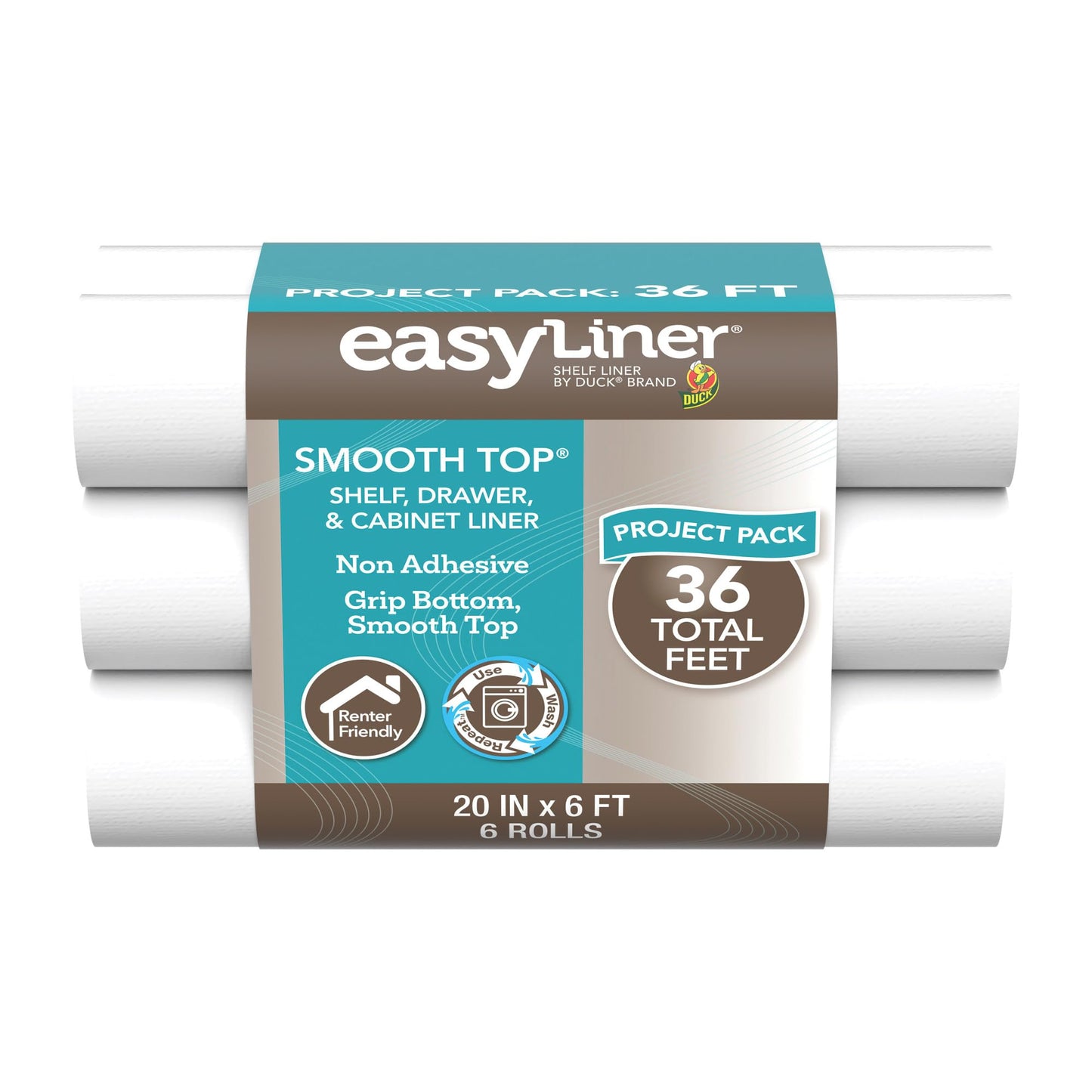 Duck Smooth Top Easy Liner Shelf Liner 20" Wide Kitchen Pack, 6-Rolls, Each 6' Length, White
