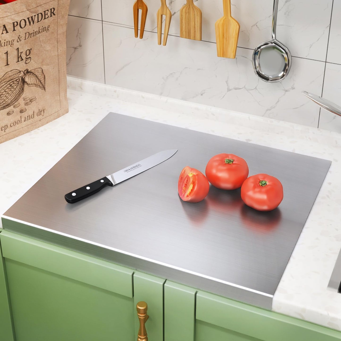 MOOTACO Stainless Steel Cutting Board, Stainless Steel Chopping Board with Lip, 23.6 X 19.7 Inch Baking Pastry Board with Rolling Pin for Meat, Fruits, Vegetables, Dough, Bread (60x50cm)