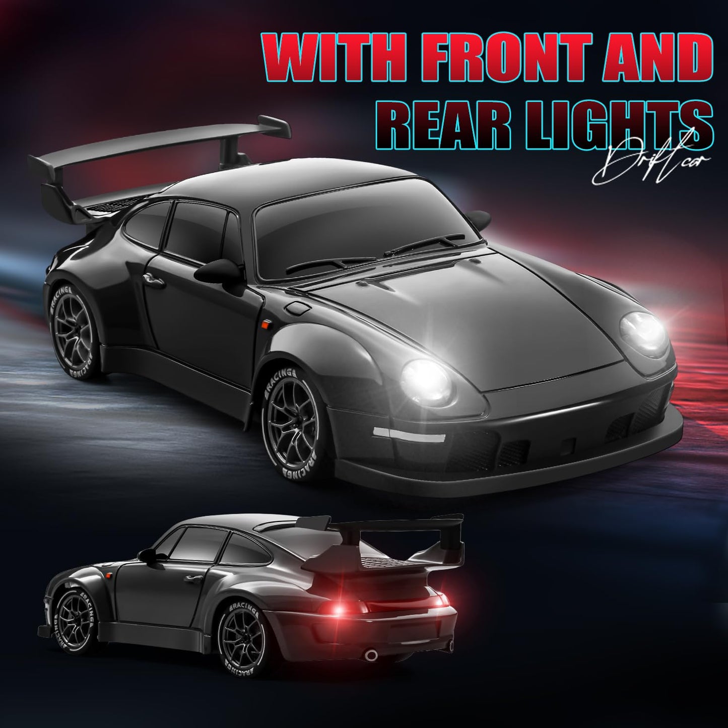 ACAMMZAR RC Drift Car, 1:24 Remote Control Car for Kids, 20KM/H 4WD High Speed RC Cars with Lights, Extra Racing Tires, Vehicle for Adults Boys Girls, Black