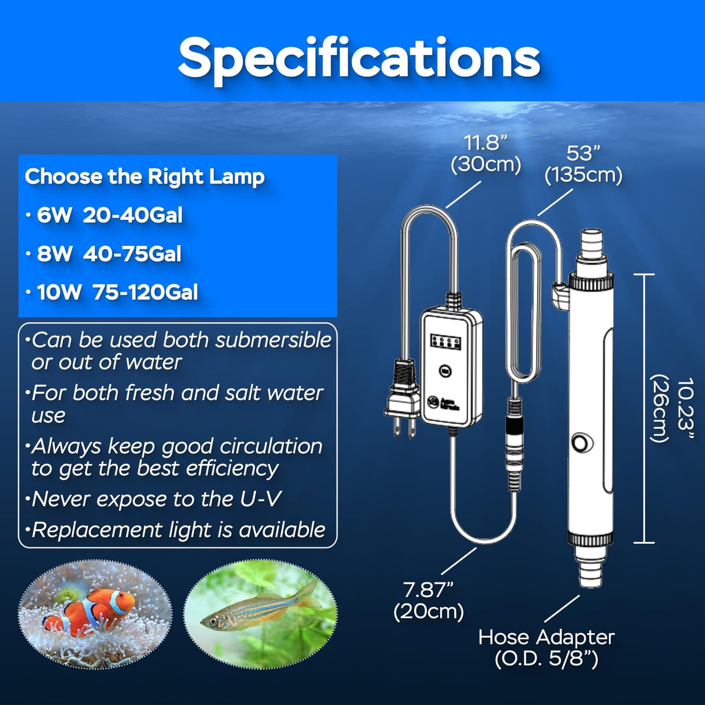 Devopet Aquarium U-V Light, Al-gae Clean Light for Fish Tank, Green Water Clean Lamp with Timer, Amphibian Aquarium U-V Lamp for in-Line and in-Tank Use, for 75-120 Gallons Fish Tanks(10W)