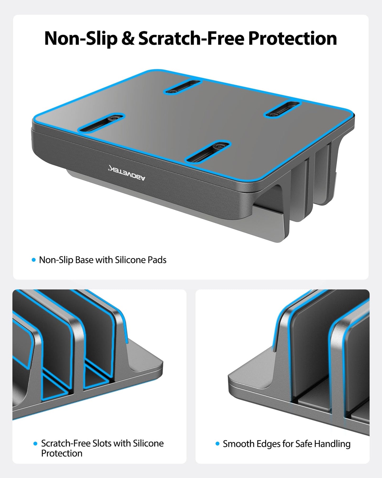 Vertical Laptop Stand - AboveTEK - 3 Slots for Computer, Tablet, Phone - Fits All Laptop Models (up to 17.3") - Heavy Duty Polished Aluminum Desktop Holder - Anti Slide Silicone Grips - Grey