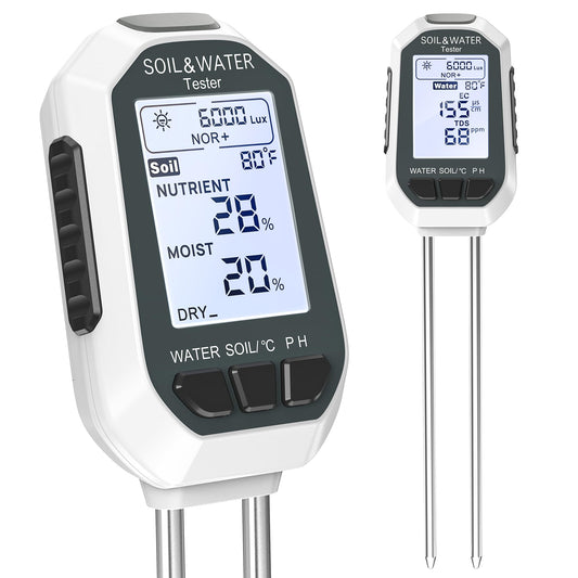 7-in-1 Soil＆Water Meter Digital Plant Temperature/Soil Moisture/PH Meter/Sunlight Intensity/Fertility/EC/TDS Backlight LCD Display Soil Test Meter TDS EC Meter for Garden Indoor Outdoor