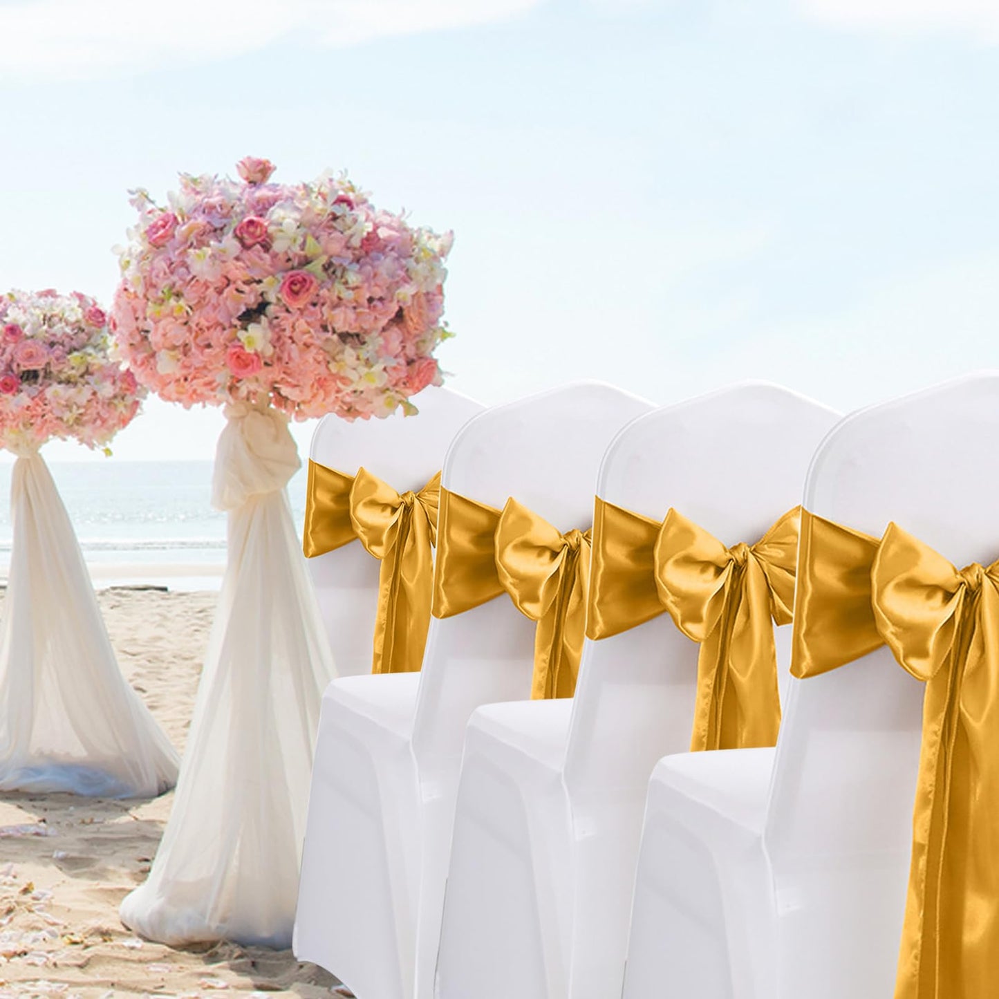 60PCS Satin Chair Sashes Bows, 7x108 inch Universal Ribbon Ties Chair Sashes Wedding Chair Covers for Wedding Reception Banquet,Restaurant Event, Birthday Party,Hotel Event Decorations (Antique Gold)