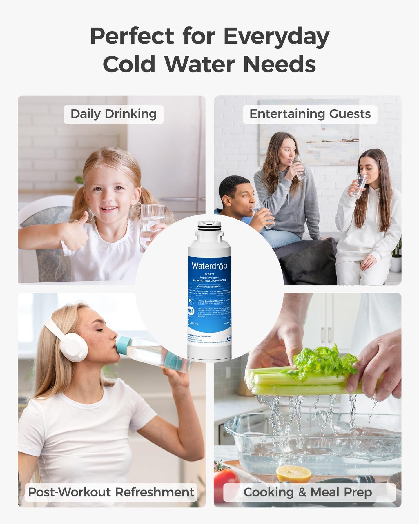 Waterdrop WD-F27 Replacement for Samsung® Refrigerator Water Filter HAF-CIN/EXP, DA29-00020B, HAF-CIN, RF28HMEDBSR, RF263BEAESR, RS25J500DSR, RF263TEAESG, HDX FMS-2, DA97-08006A-1, 3 Pack