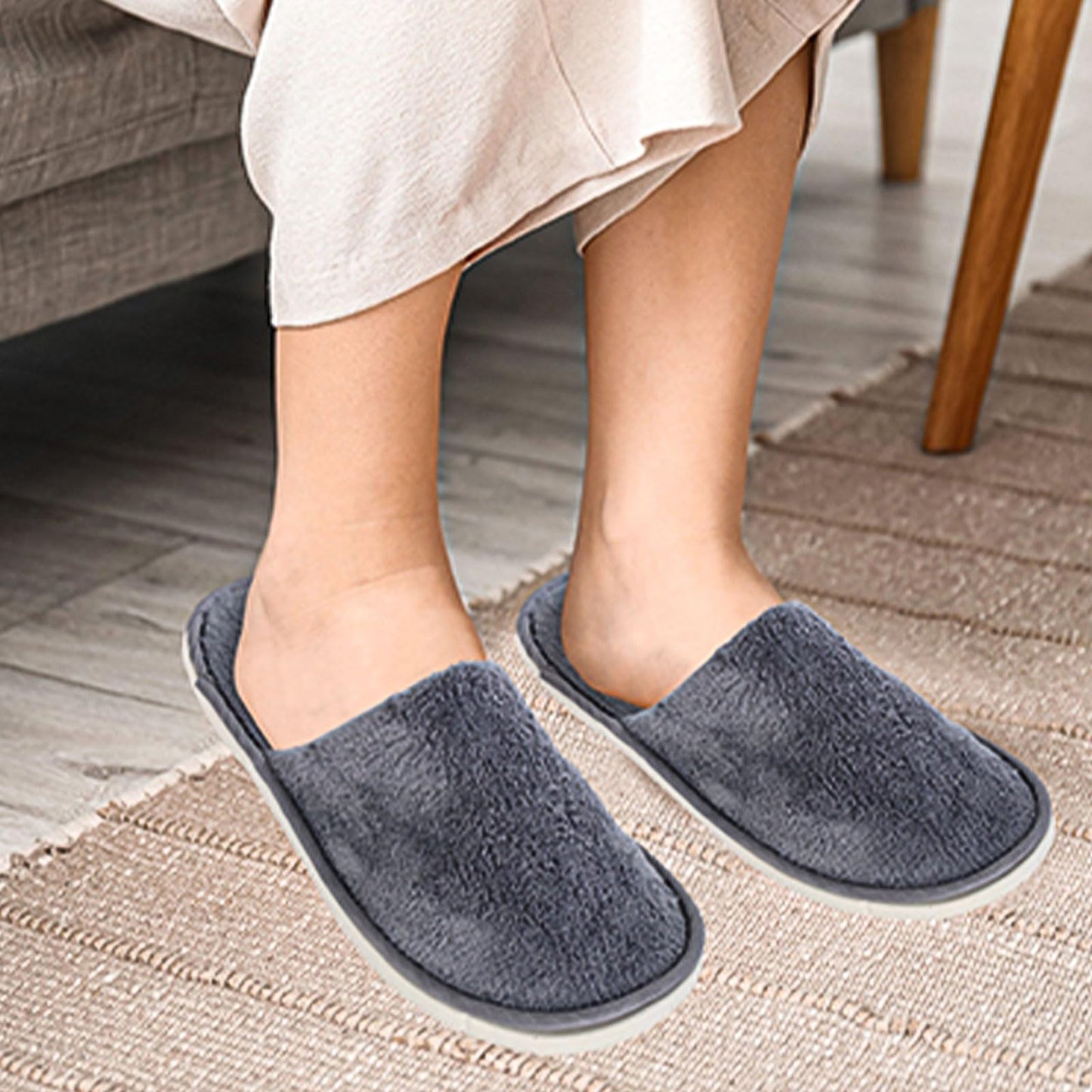 12 Pairs Disposable Slippers, Washable Home House Slipers Non Slip Spa Slippers Grey Reusable Indoor Slippers for Women Men Guest Hotel Home Travel