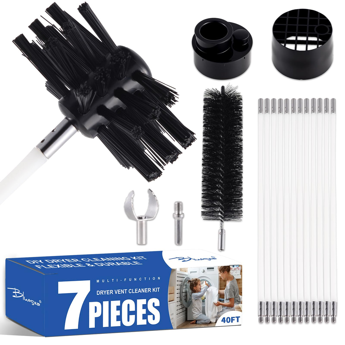 Bluesea 40 Feet Dryer Vent Cleaning Kit, Strong Nylon Cleaning System with Flexible Lint Trap Brush, Vacuum Attachment, and Adapters