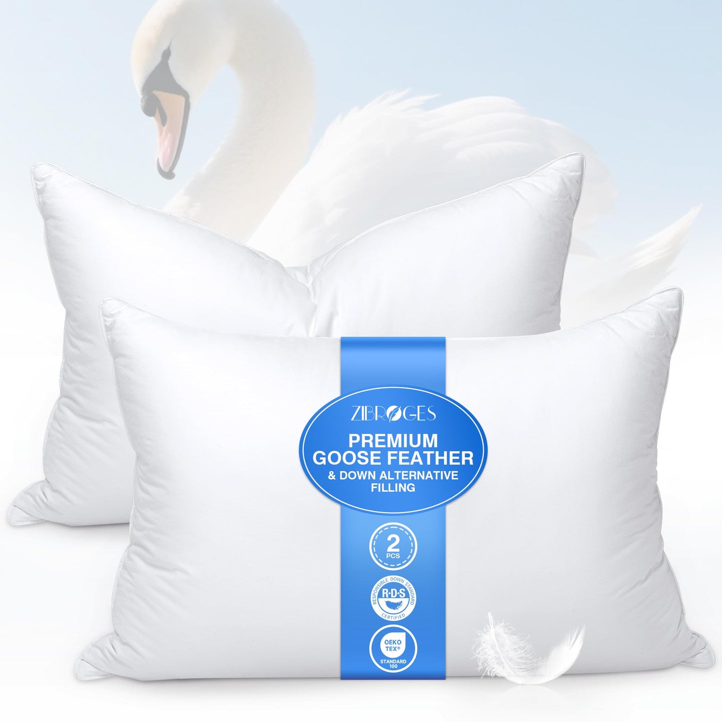 zibroges Goose Feather Pillow Queen Size Pack of 2 - Down Hotel Bed Pillows for Sleeping, Soft 600 Thread Count Cotton Cover, Fluffy Support Surround Fill Polyester for Back, Stomach, Side Sleepers